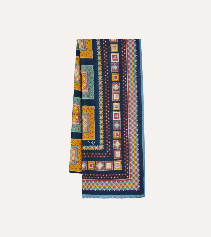 Navy Kelim Blocks Print Wool-Silk Scarf sold by Drake's London