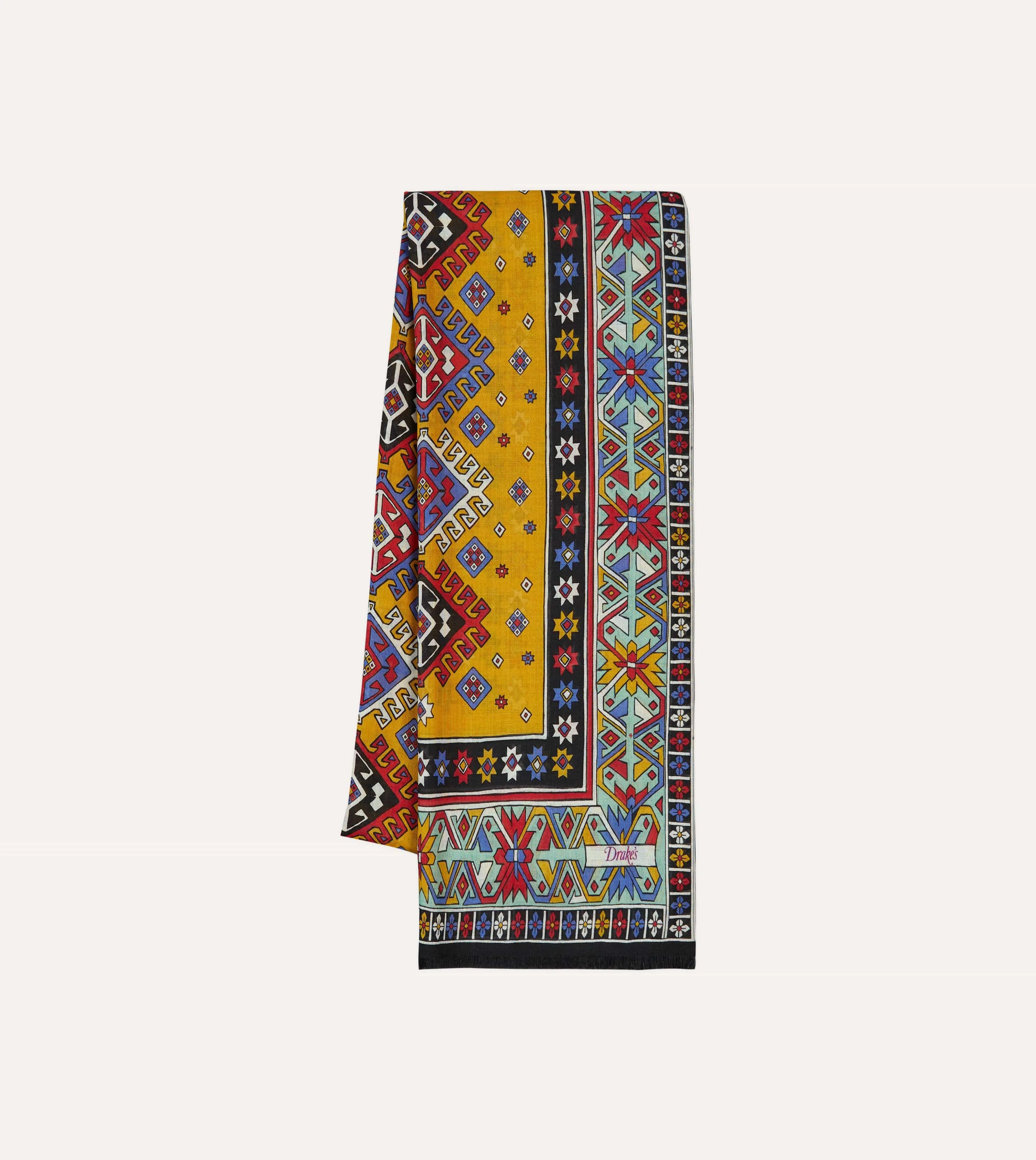 Gold and Green Kilim Print Tubular Wool Silk Scarf sold by Drake's London