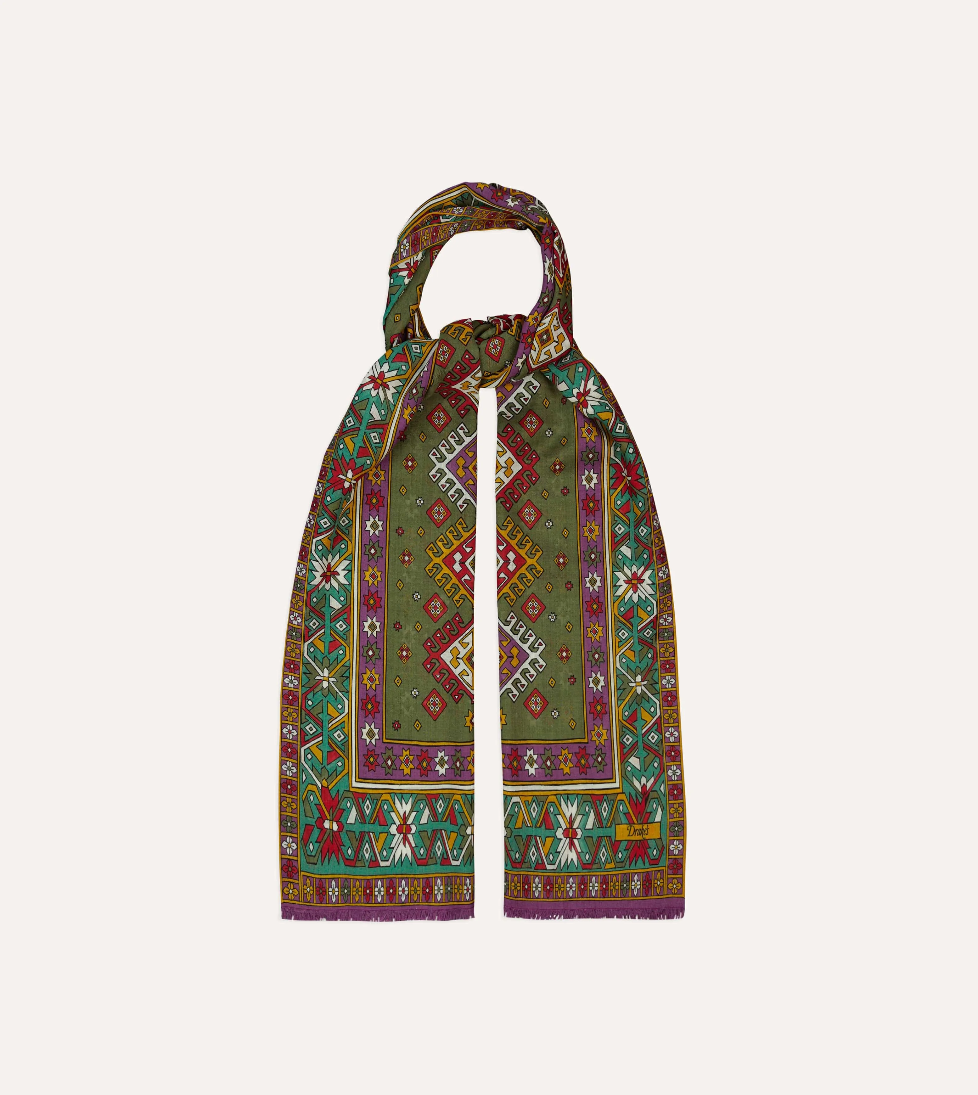 Green and Purple Kilim Print Tubular Wool Silk Scarf sold by Drake's London product image thumbnail 4