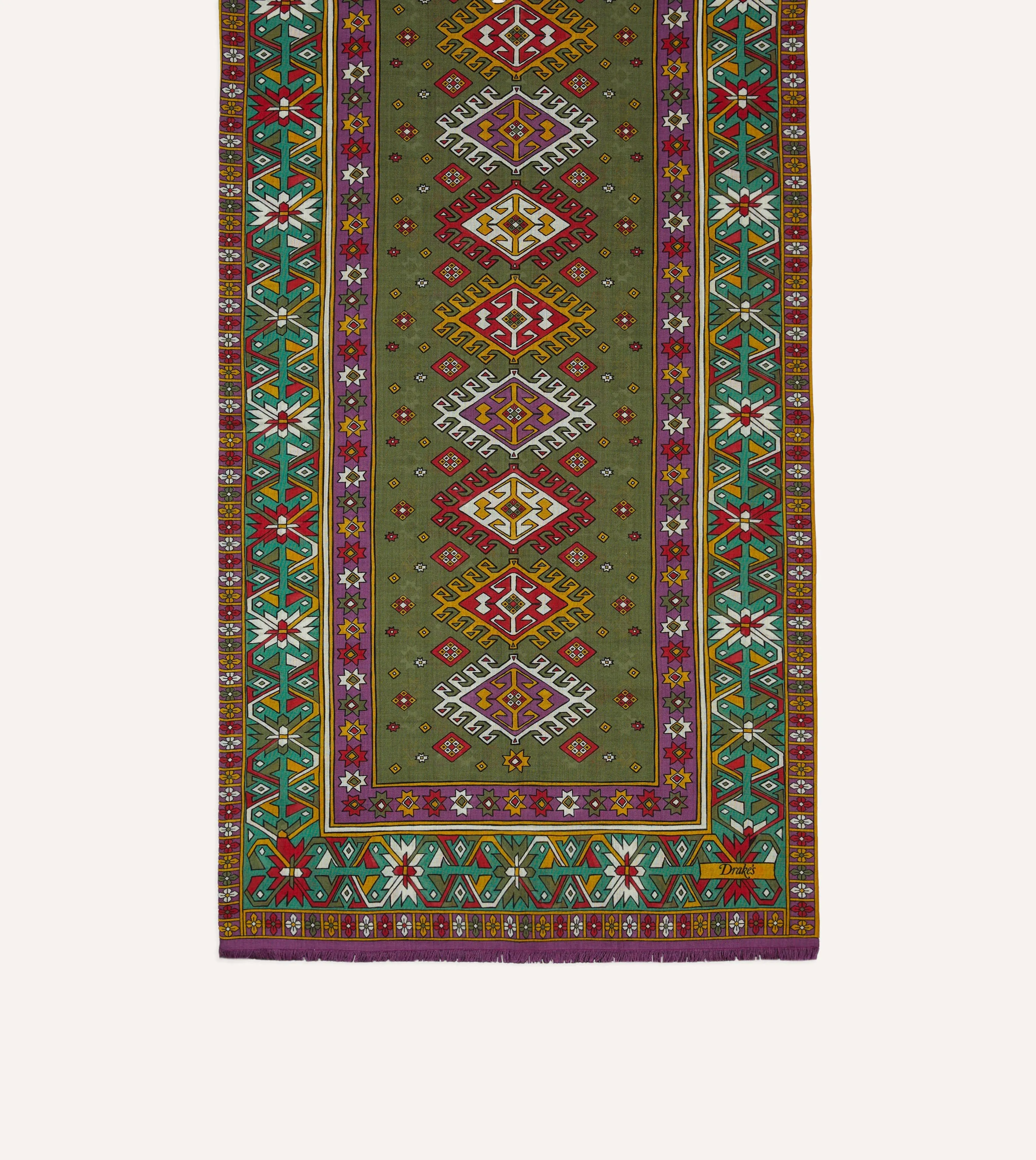 Green and Purple Kilim Print Tubular Wool Silk Scarf sold by Drake's London product image thumbnail 3