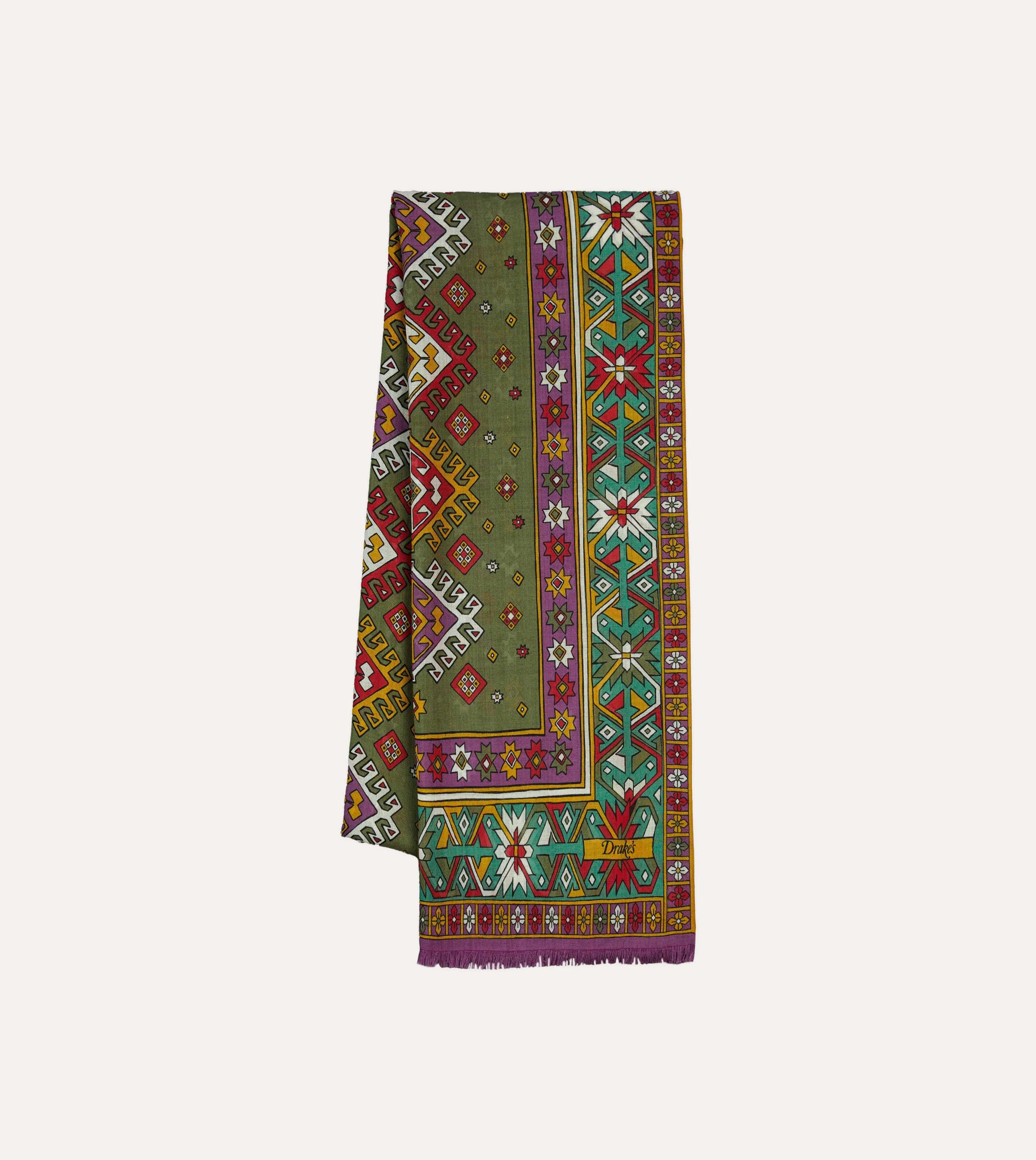 Green and Purple Kilim Print Tubular Wool Silk Scarf sold by Drake's London