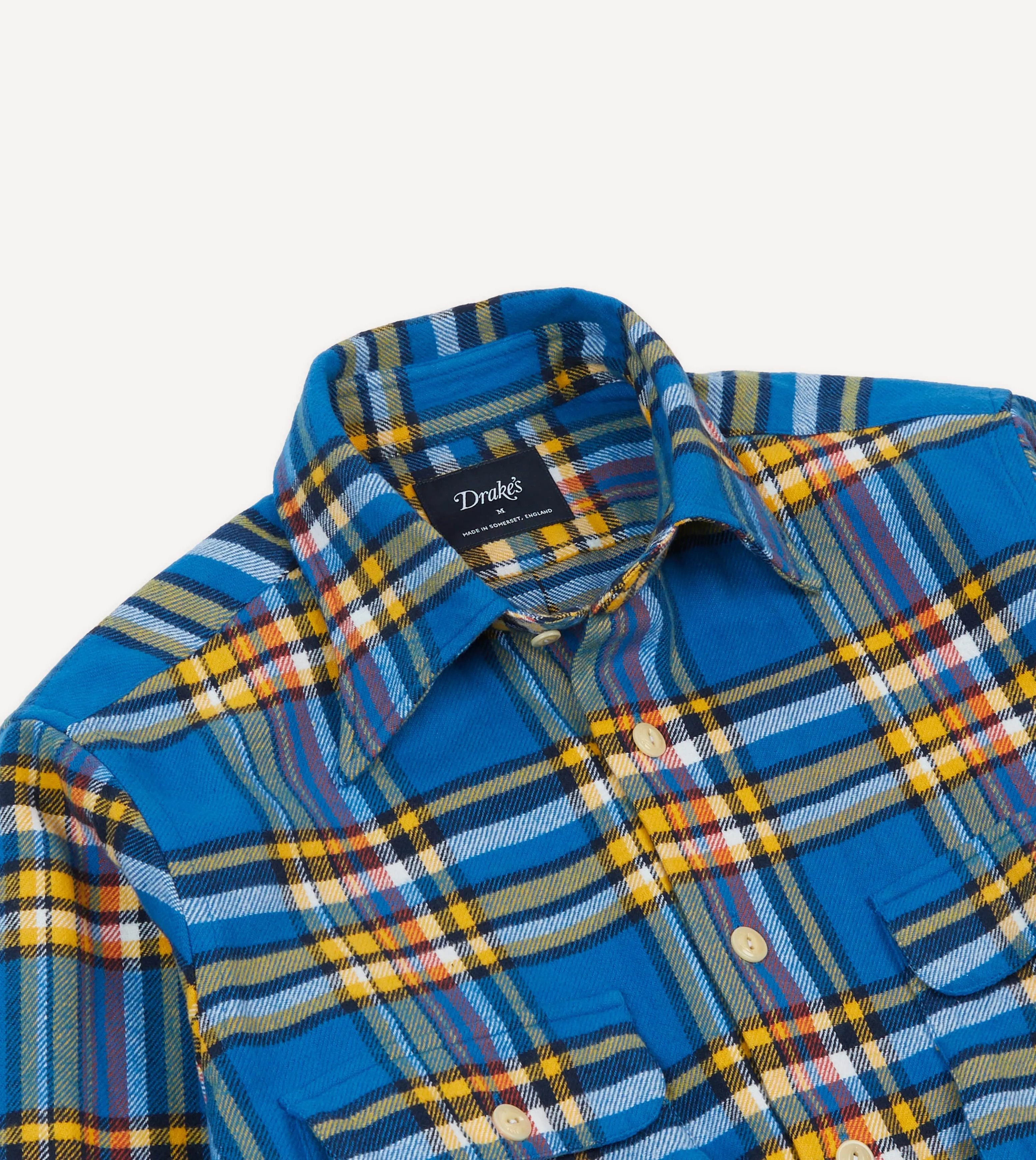 Blue and Yellow Check Brushed Cotton Two-Pocket Work Shirt sold by Drake's London product image thumbnail 3