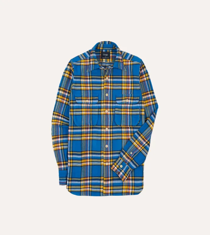 Blue and Yellow Check Brushed Cotton Two-Pocket Work Shirt sold by Drake's London