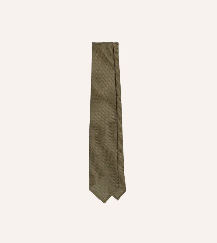 Khaki Green Fine Woven Grenadine Silk Hand Rolled Tie sold by Drake's London