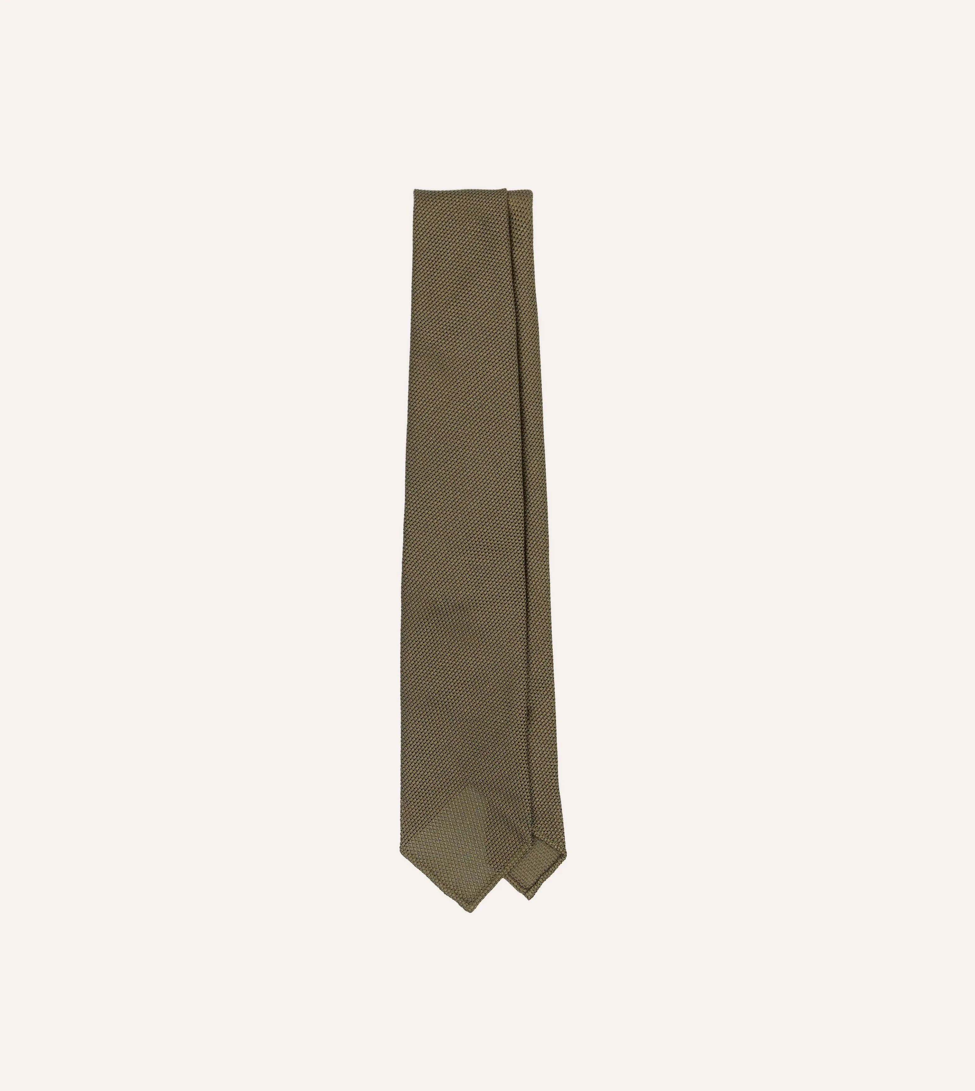 Khaki Green Fine Woven Grenadine Silk Hand Rolled Tie sold by Drake's London