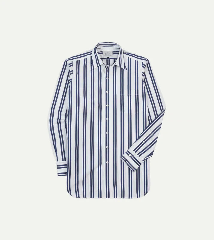 Drake's by A. Levine Navy and White Stripe Cotton Poplin Long Point Collar Shirt sold by Drake's London