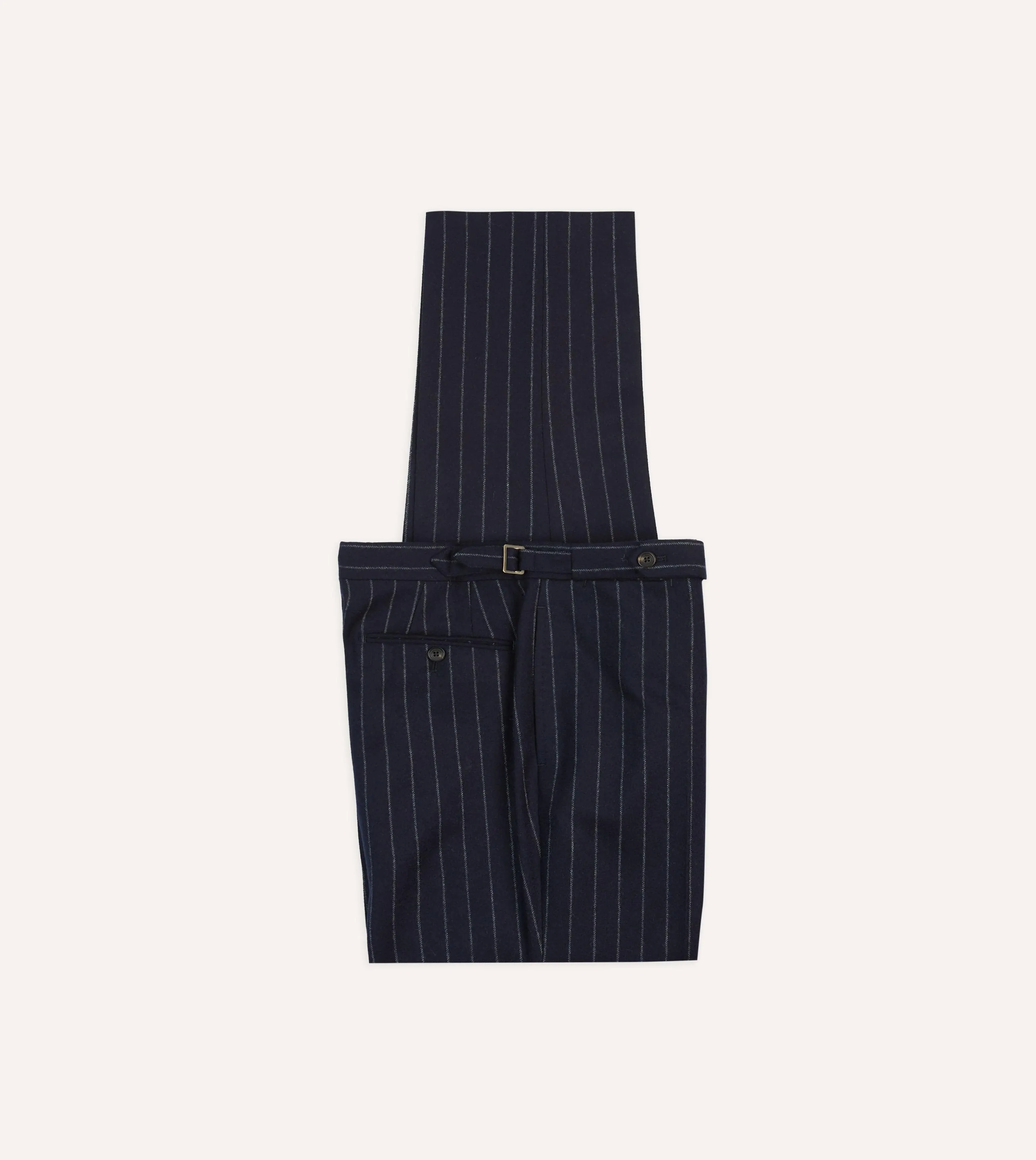Navy Chalkstripe Wool Flannel Flat Front Trouser sold by Drake's London