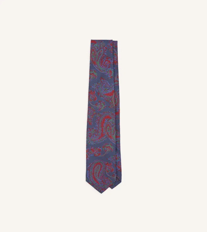 Navy Paisley Print Silk Self Tipped Tie sold by Drake's London