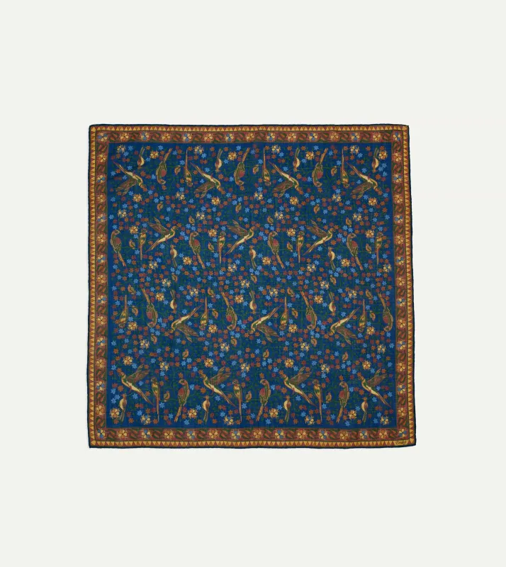 Navy Parrots Print Wool-Silk Square Scarf sold by Drake's London
