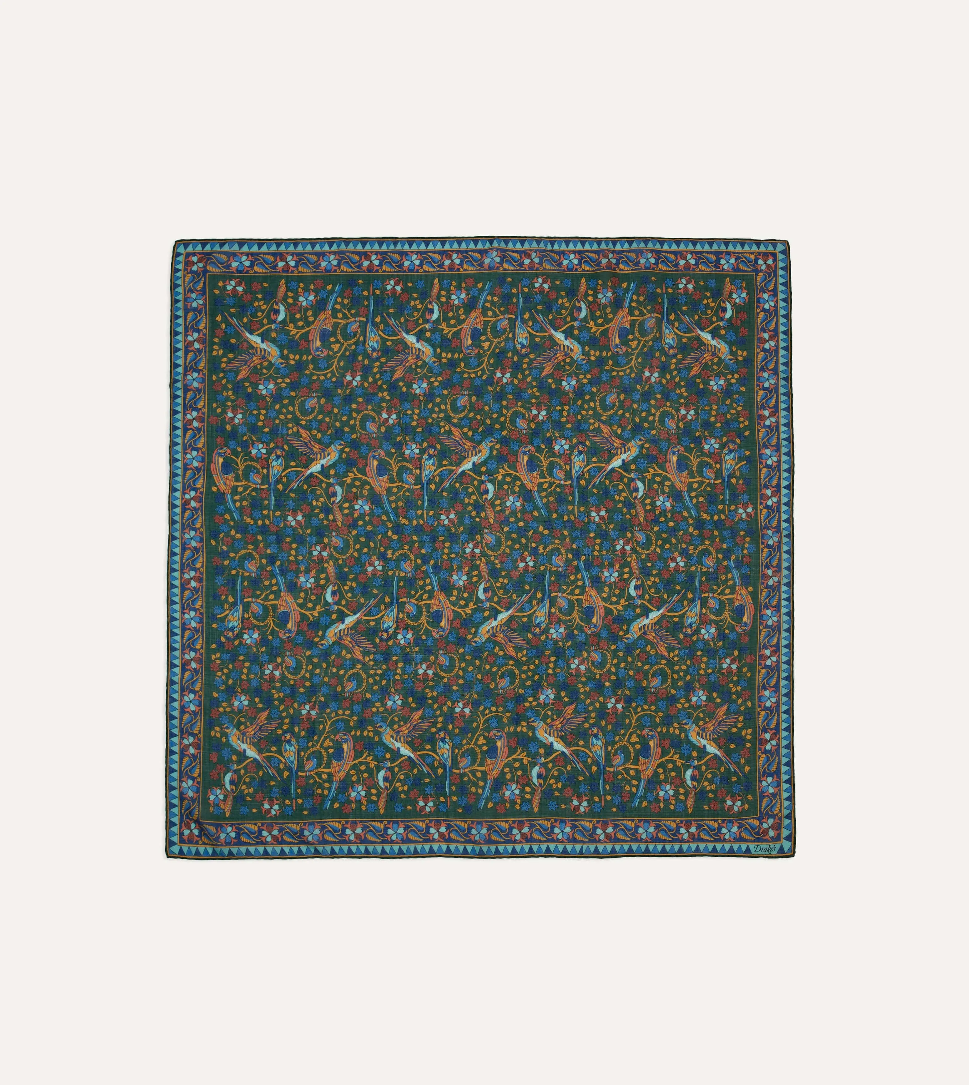 Green Parrots Print Wool-Silk Square Scarf sold by Drake's London
