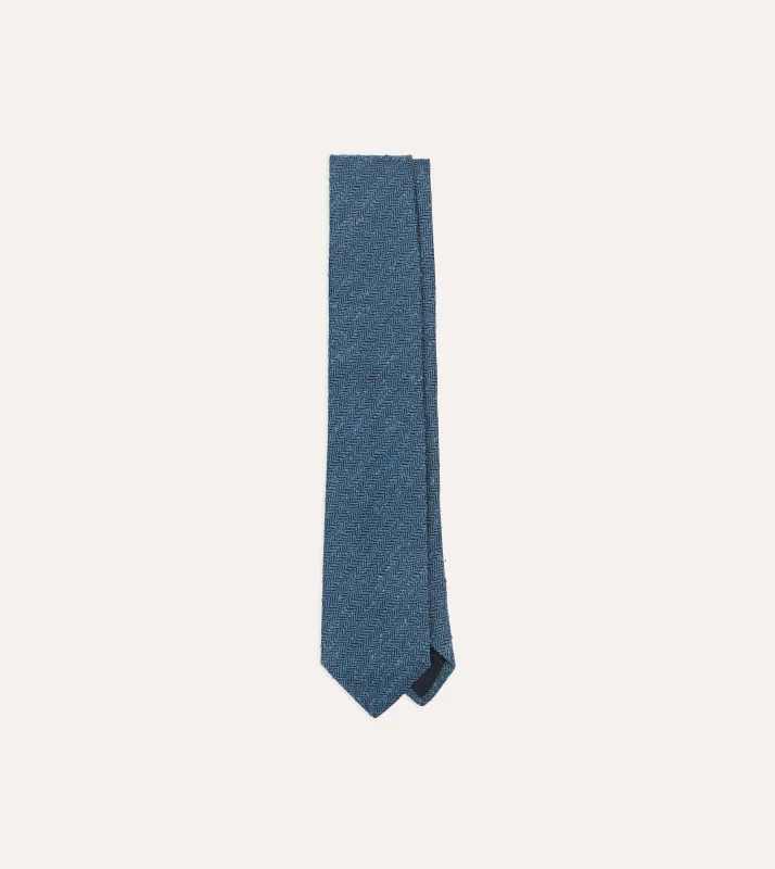 Blue Herringbone Shantung Silk Tipped Tie made by Drake's London