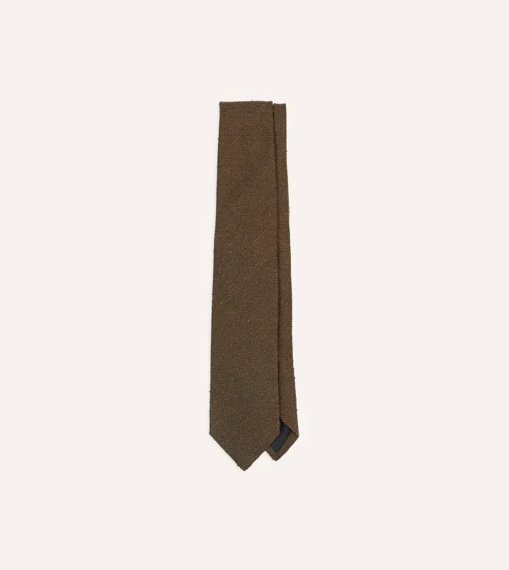 Brown Herringbone Shantung Silk Tipped Tie made by Drake's London