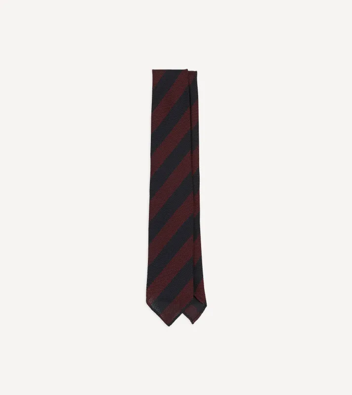 Red and Navy Block Stripe Hand Rolled Silk Grenadine Tie sold by Drake's London