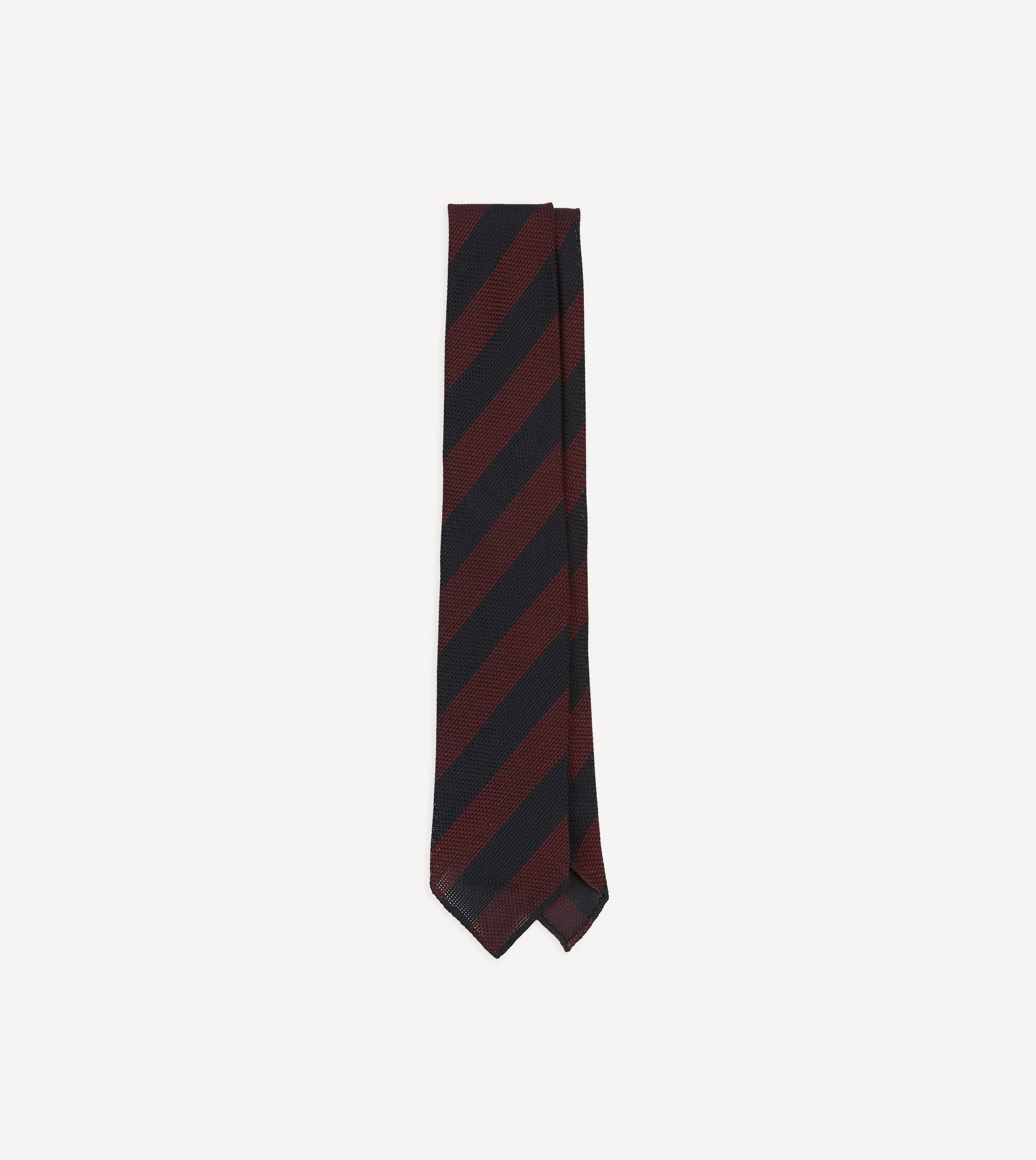 Red and Navy Block Stripe Hand Rolled Silk Grenadine Tie sold by Drake's London