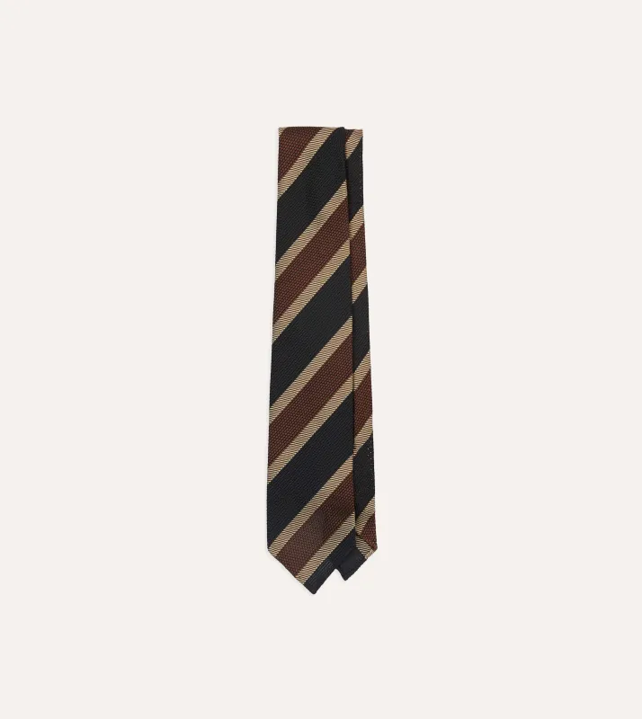 Black and Brown Multi Stripe Hand Rolled Silk Grenadine Tie sold by Drake's London