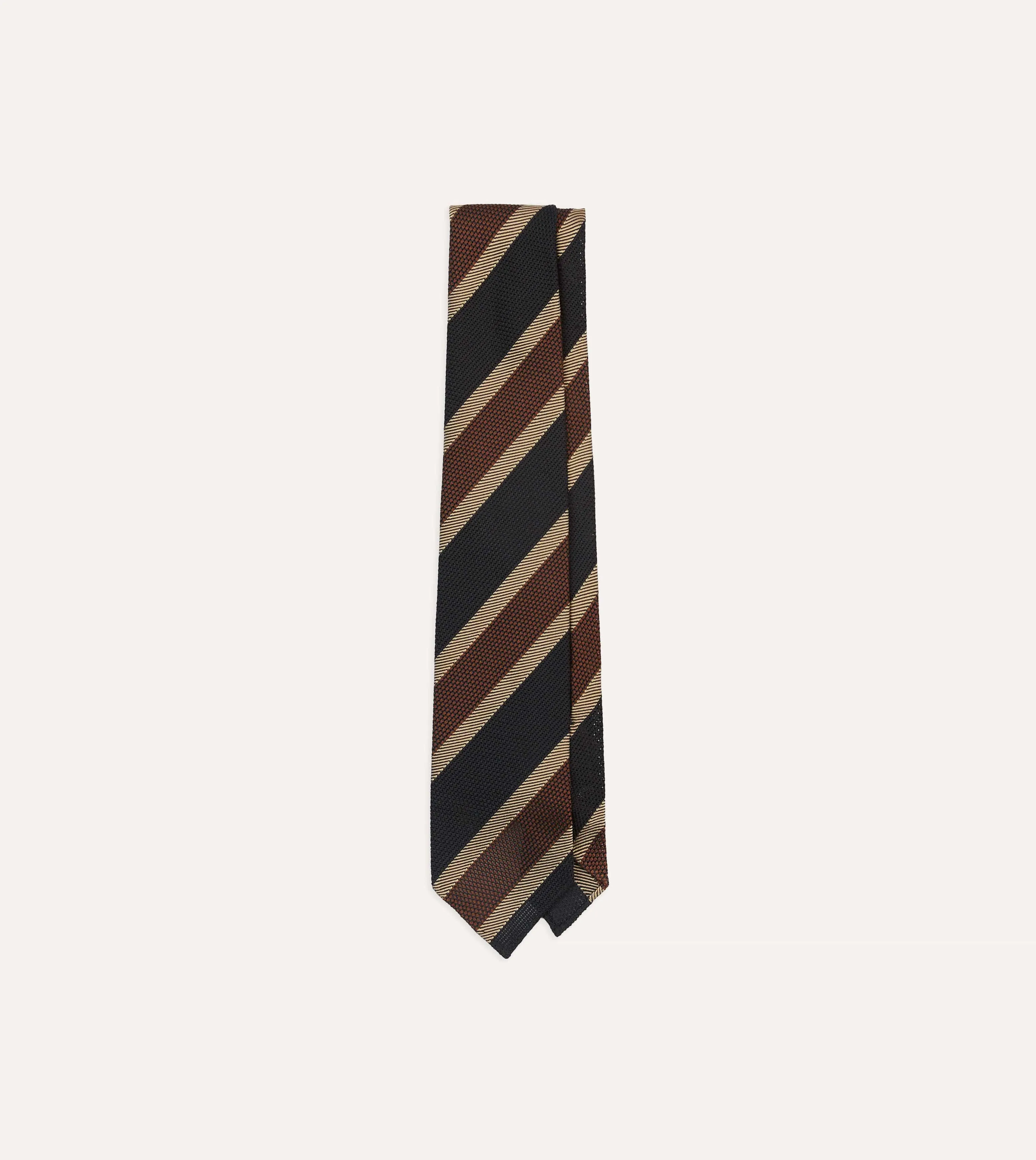 Black and Brown Multi Stripe Hand Rolled Silk Grenadine Tie sold by Drake's London