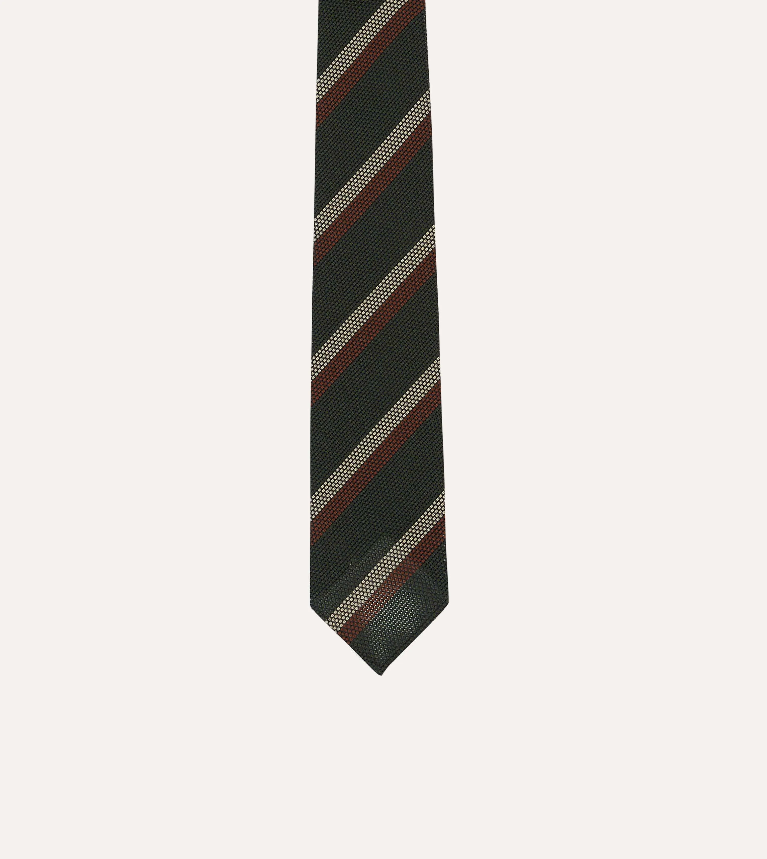 Green, White and Brown Double Stripe Hand Rolled Silk Grenadine Tie sold by Drake's London product image thumbnail 3