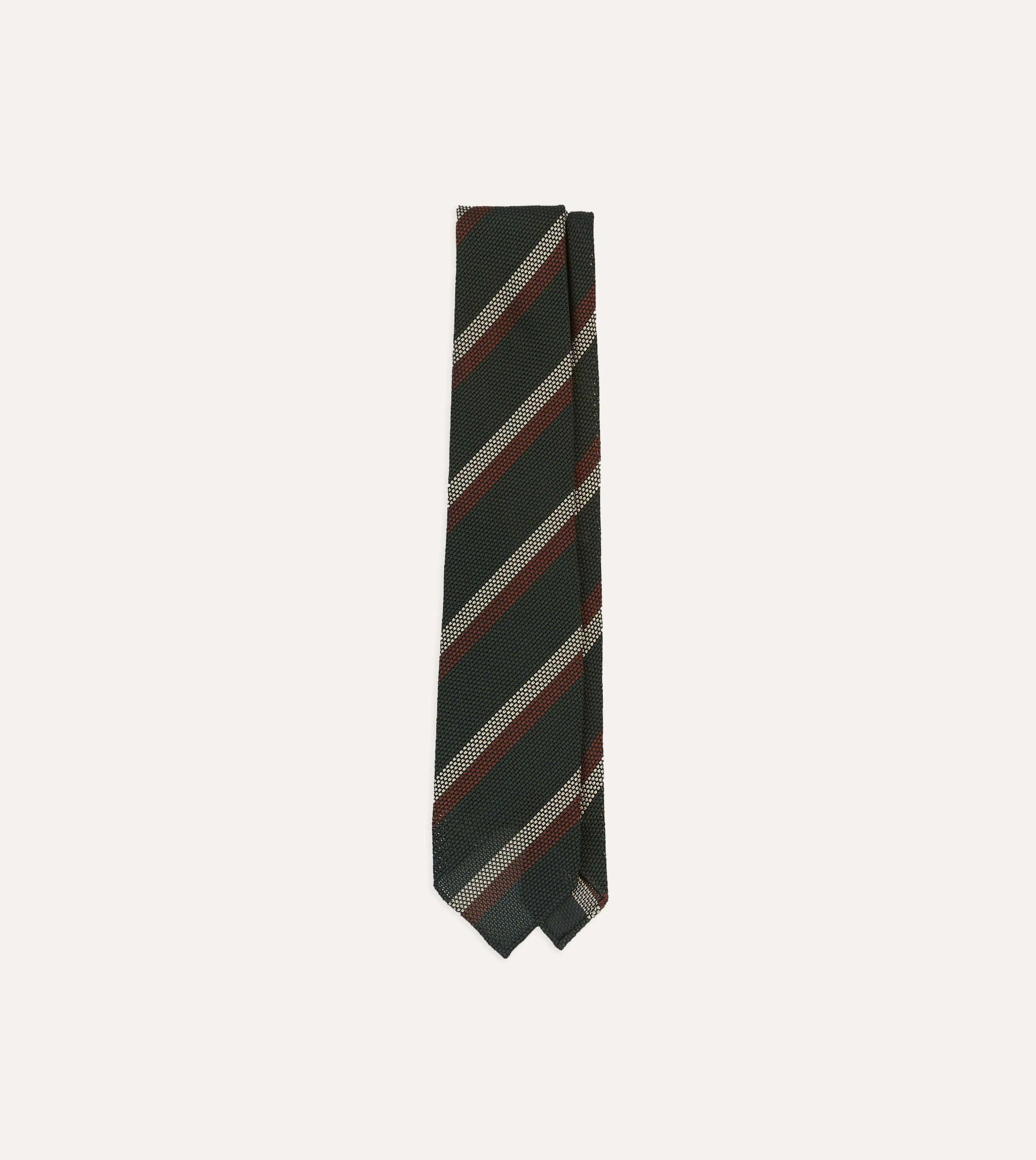Green, White and Brown Double Stripe Hand Rolled Silk Grenadine Tie sold by Drake's London