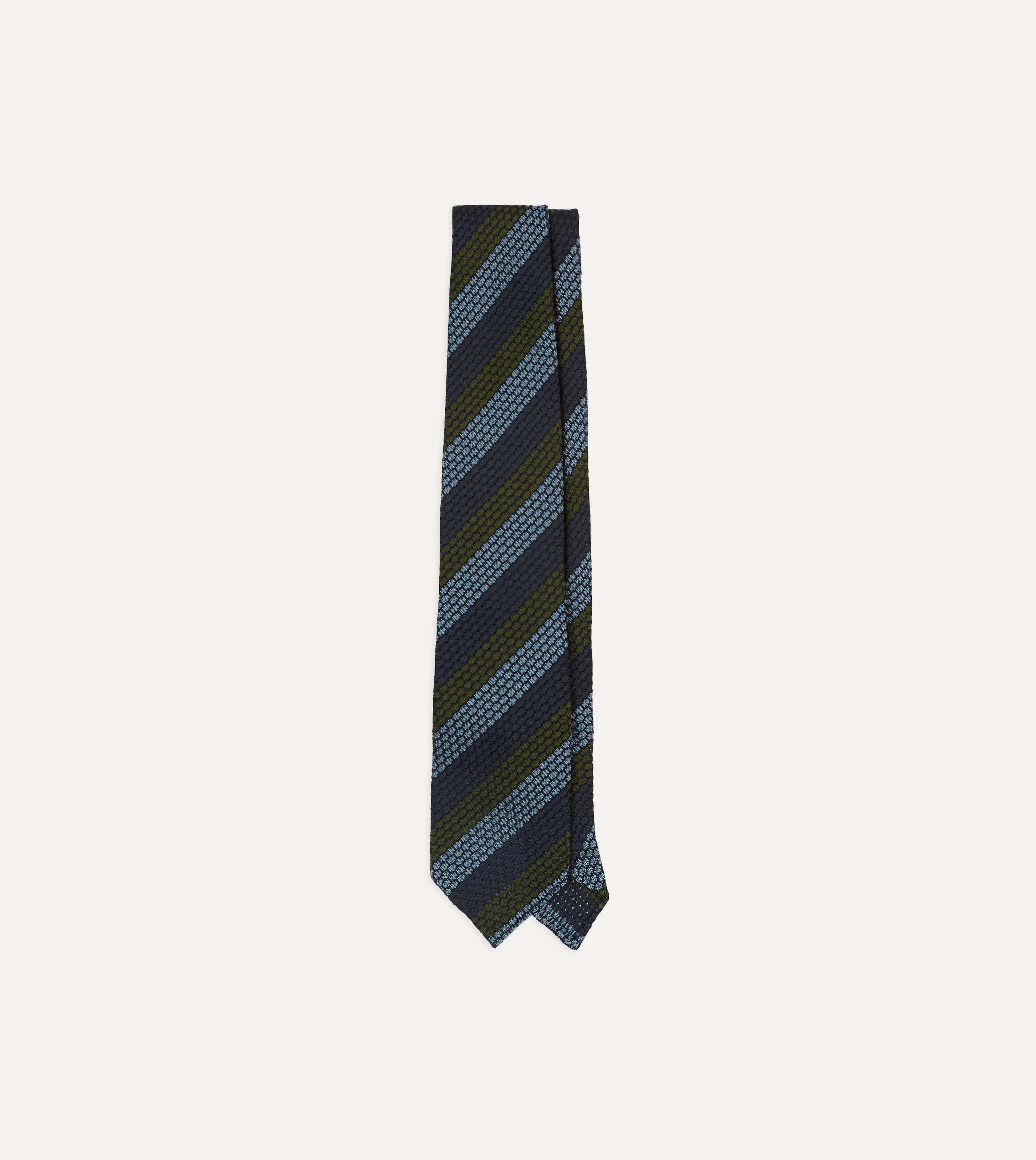 Navy, Green and Blue Block Stripe Hand Rolled Silk Grenadine Tie sold by Drake's London