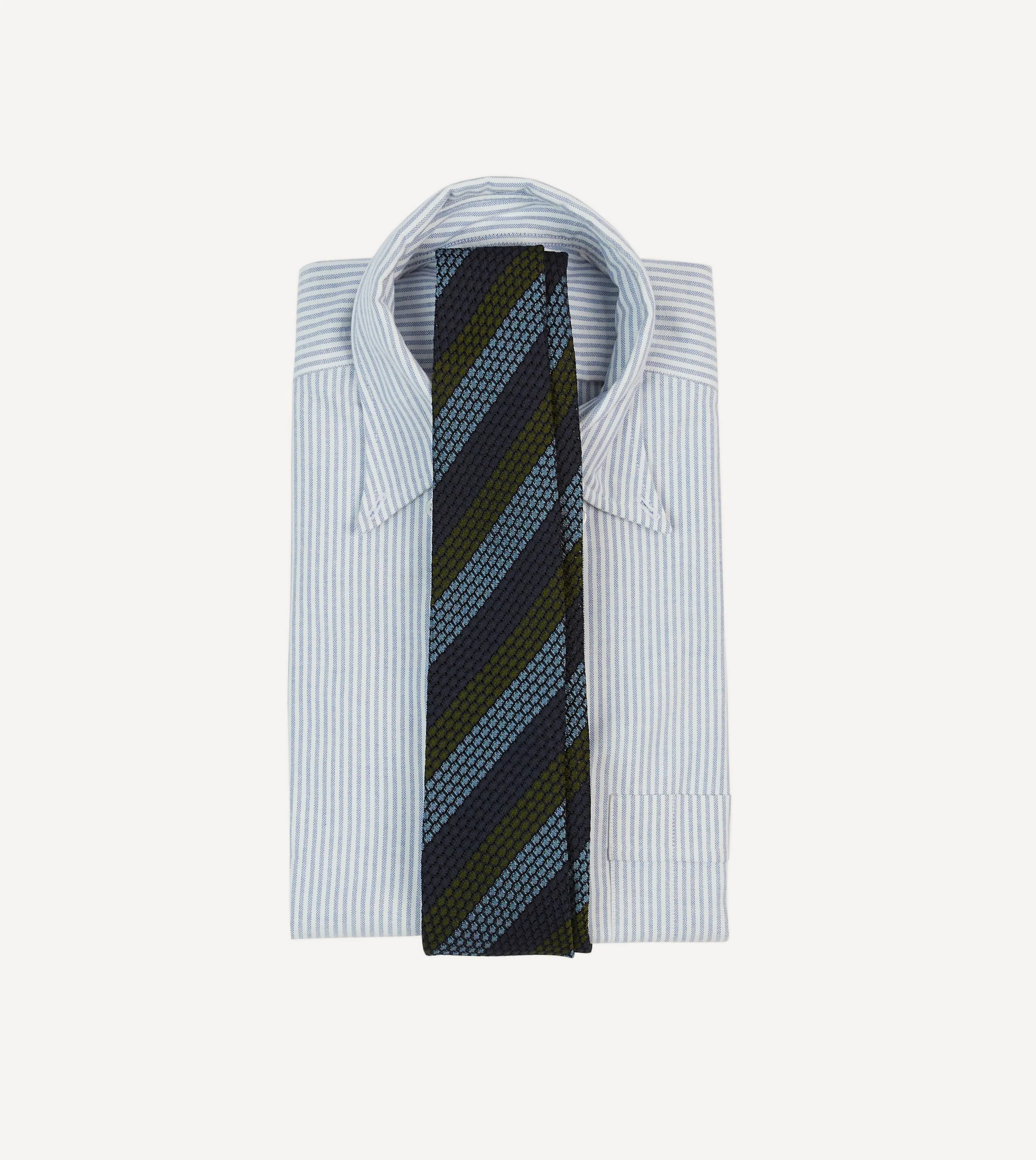 Navy, Green and Blue Block Stripe Hand Rolled Silk Grenadine Tie sold by Drake's London product image thumbnail 2