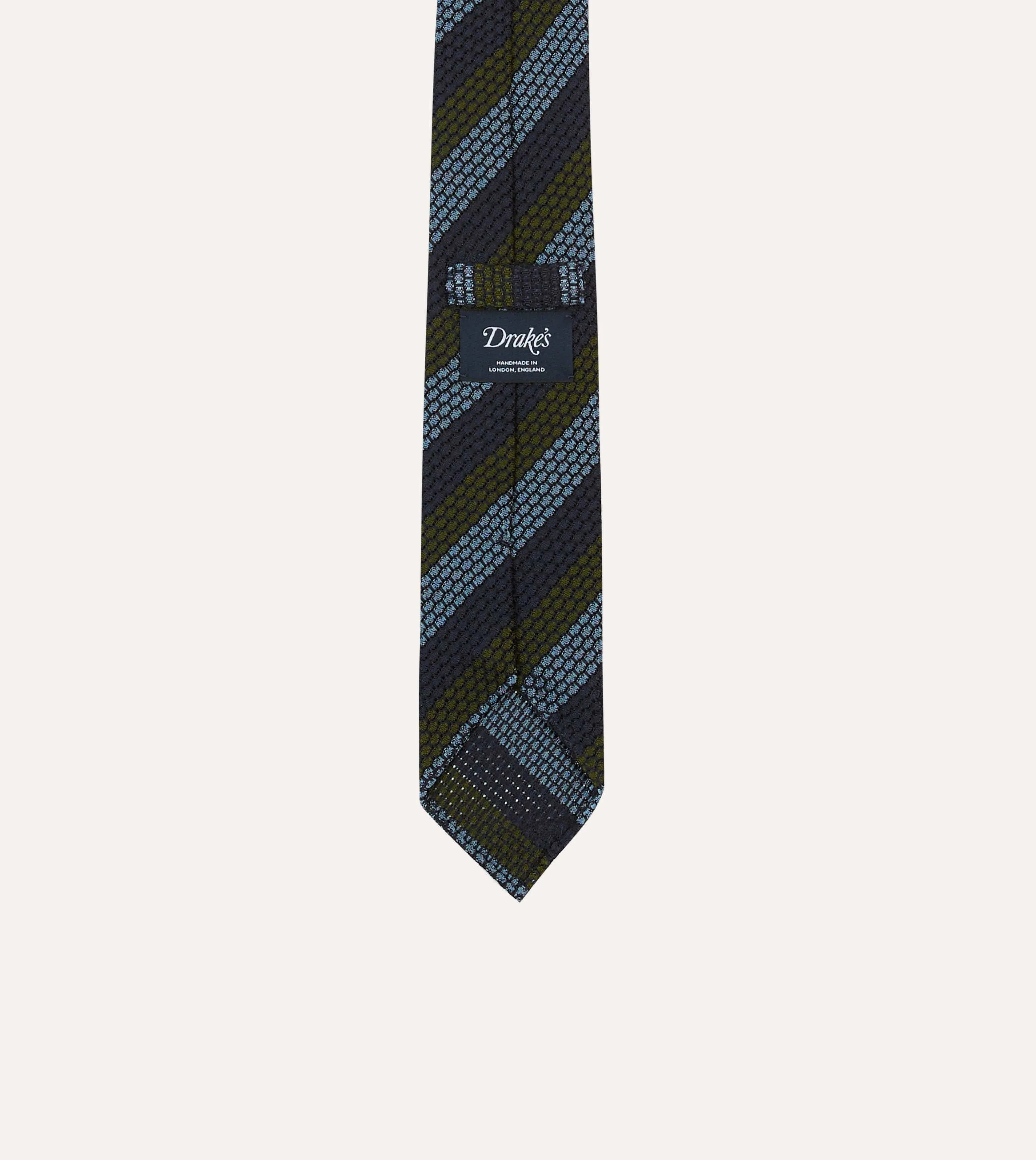 Navy, Green and Blue Block Stripe Hand Rolled Silk Grenadine Tie sold by Drake's London product image thumbnail 4