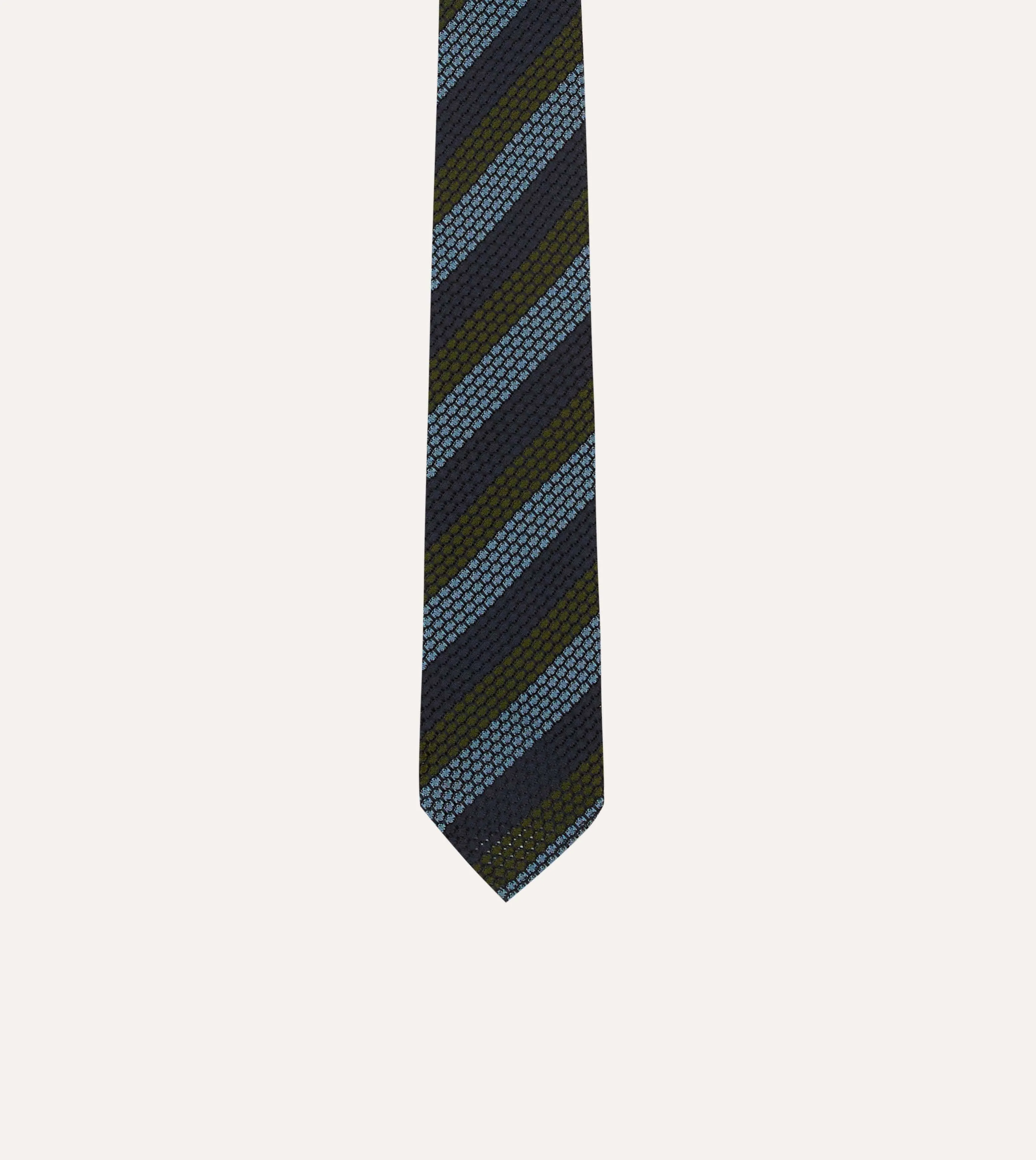 Navy, Green and Blue Block Stripe Hand Rolled Silk Grenadine Tie sold by Drake's London product image thumbnail 3