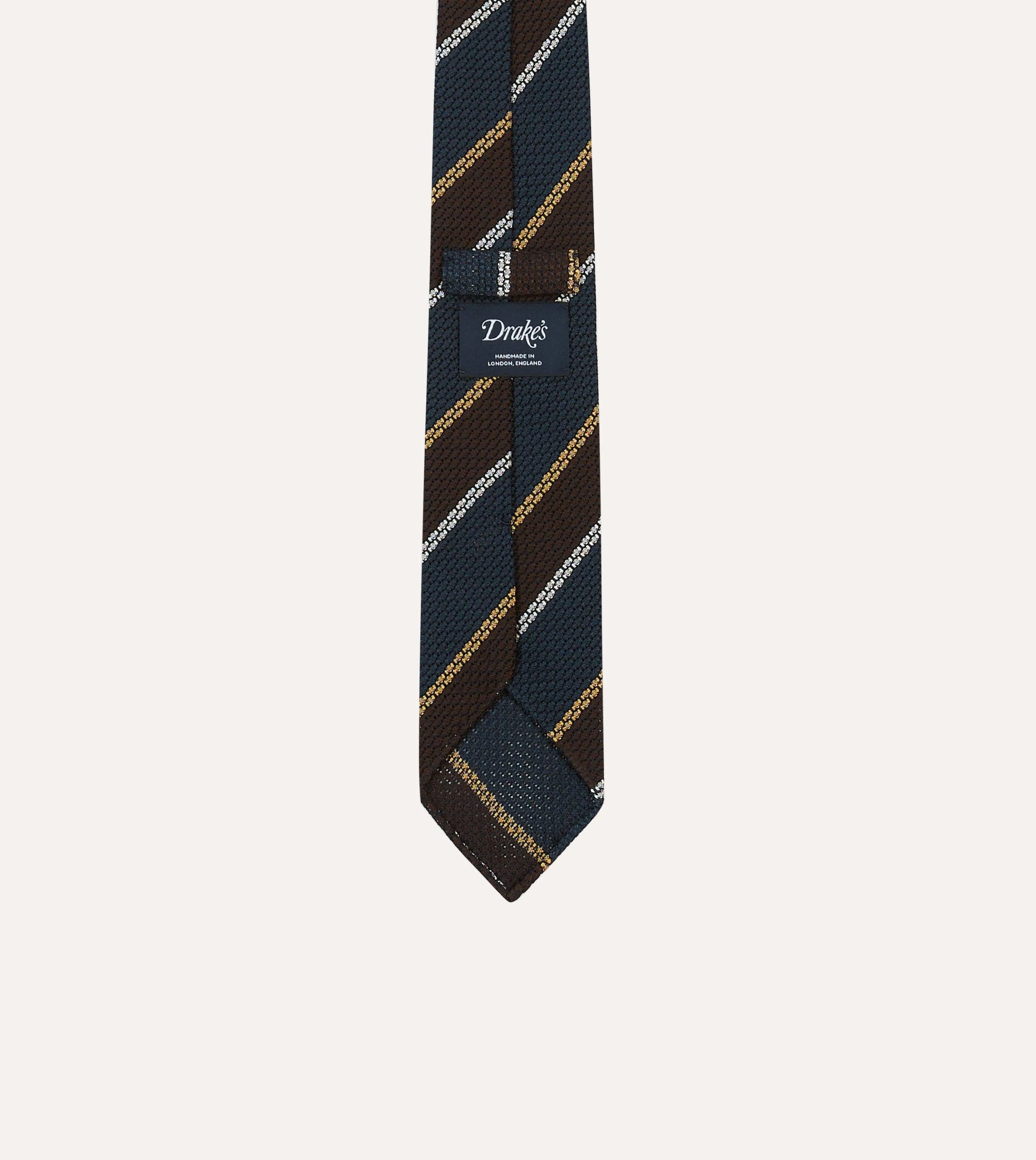 Navy, White and Brown Stripe Hand Rolled Silk Grenadine Tie sold by Drake's London product image thumbnail 4