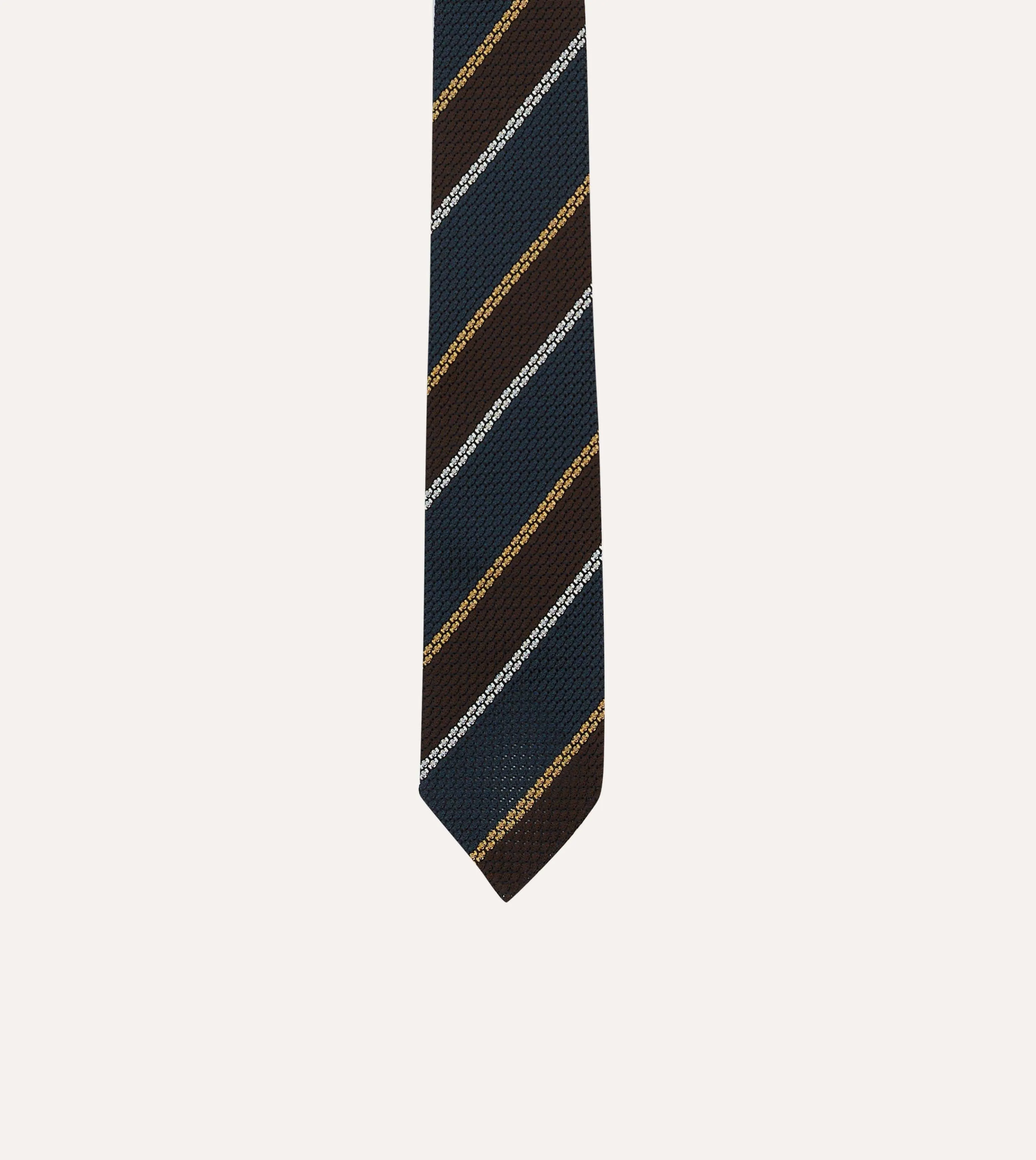 Navy, White and Brown Stripe Hand Rolled Silk Grenadine Tie sold by Drake's London product image thumbnail 3