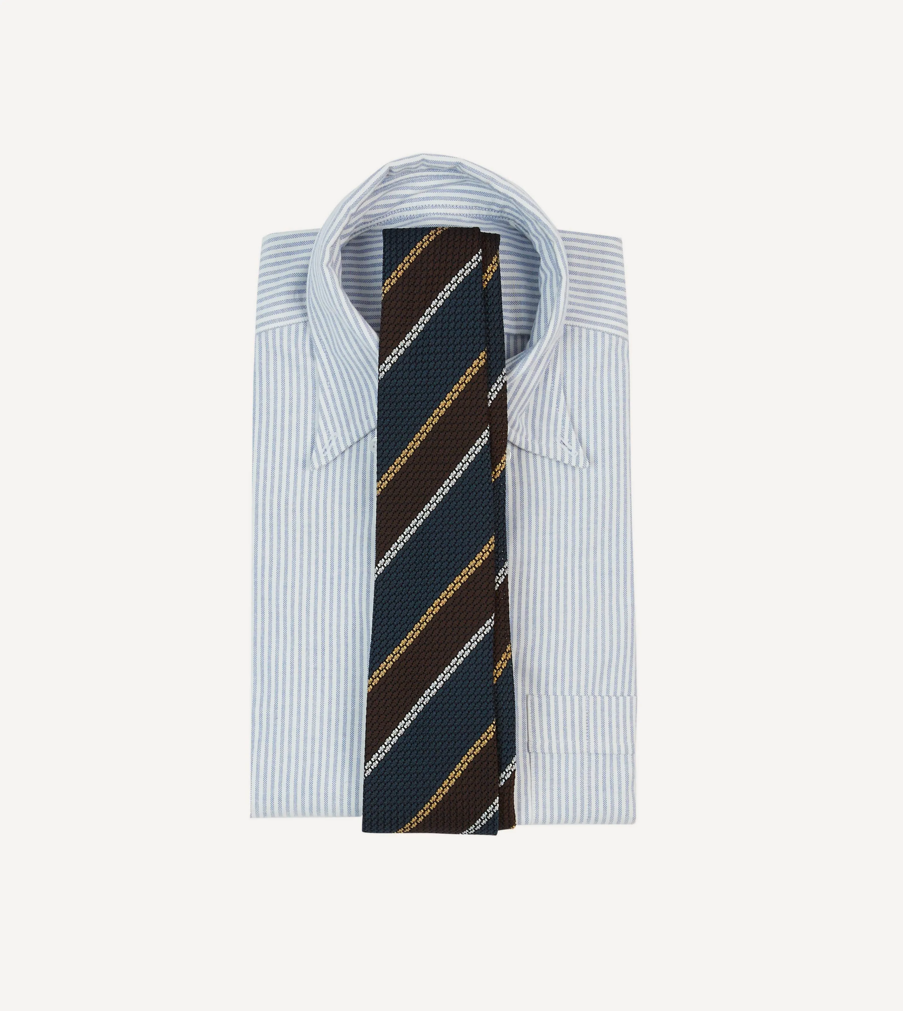Navy, White and Brown Stripe Hand Rolled Silk Grenadine Tie sold by Drake's London product image thumbnail 2