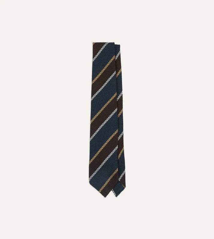 Navy, White and Brown Stripe Hand Rolled Silk Grenadine Tie sold by Drake's London