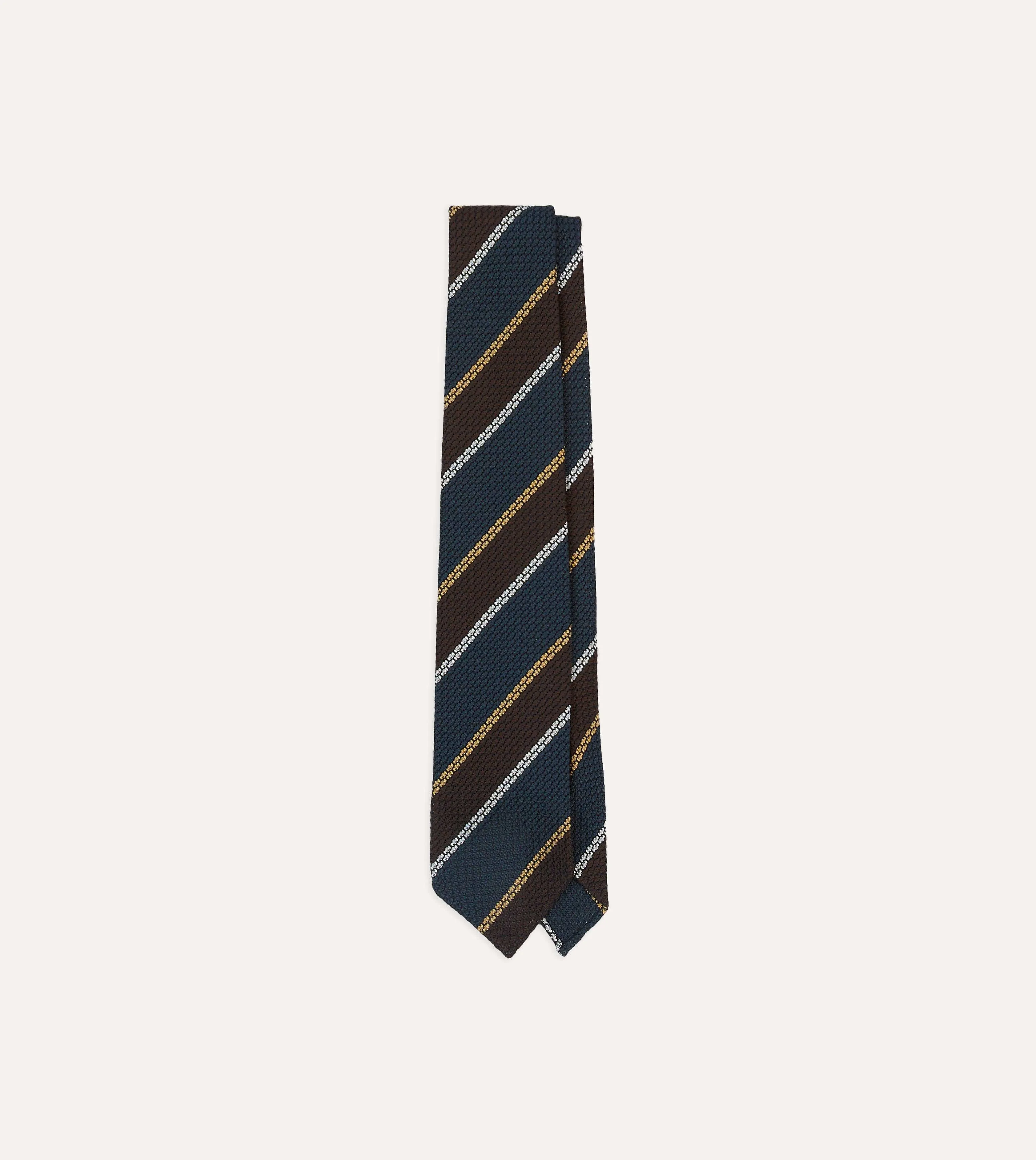 Navy, White and Brown Stripe Hand Rolled Silk Grenadine Tie sold by Drake's London