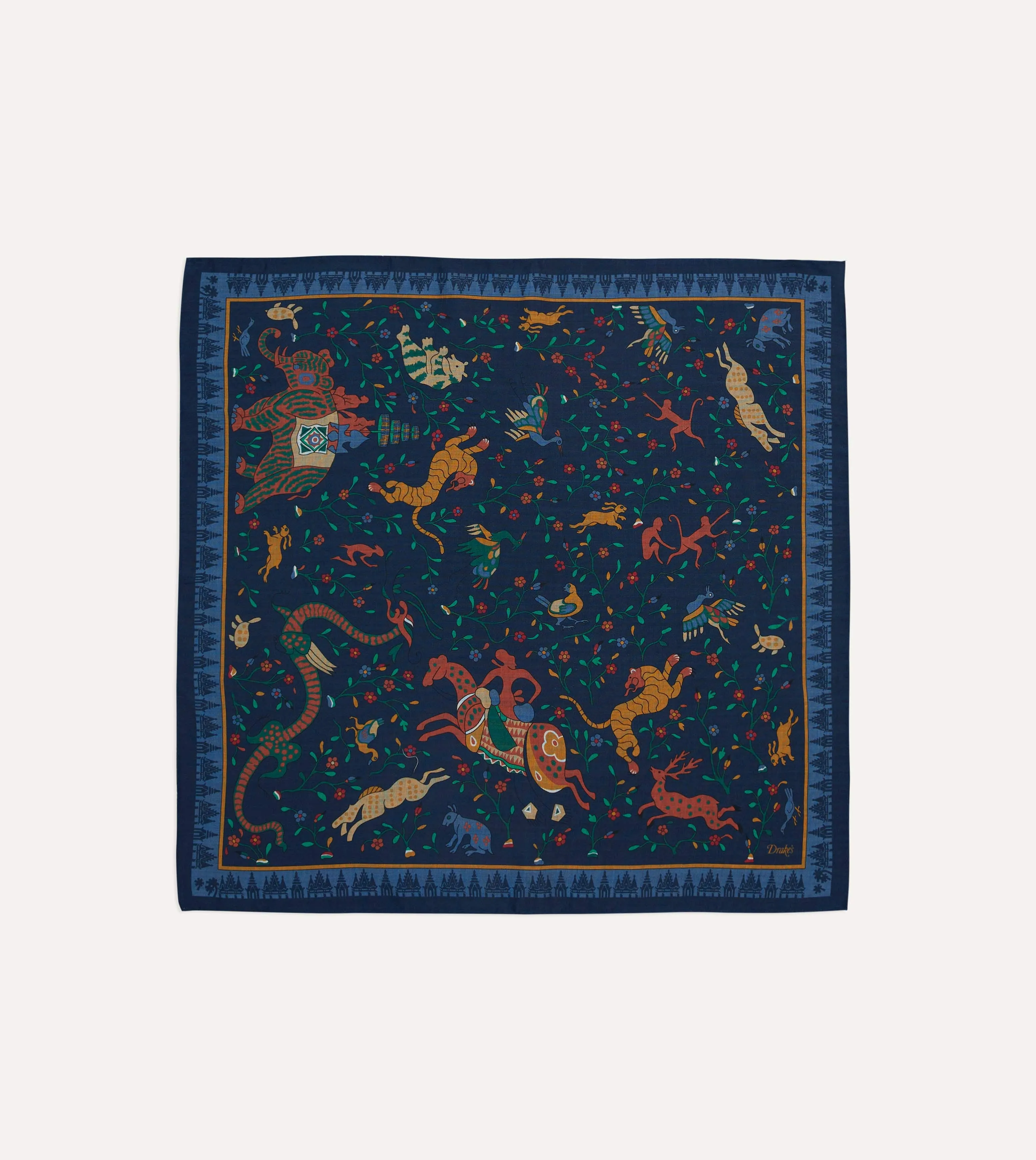 Navy Mythical Animals Print Wool-Silk Bandana sold by Drake's London