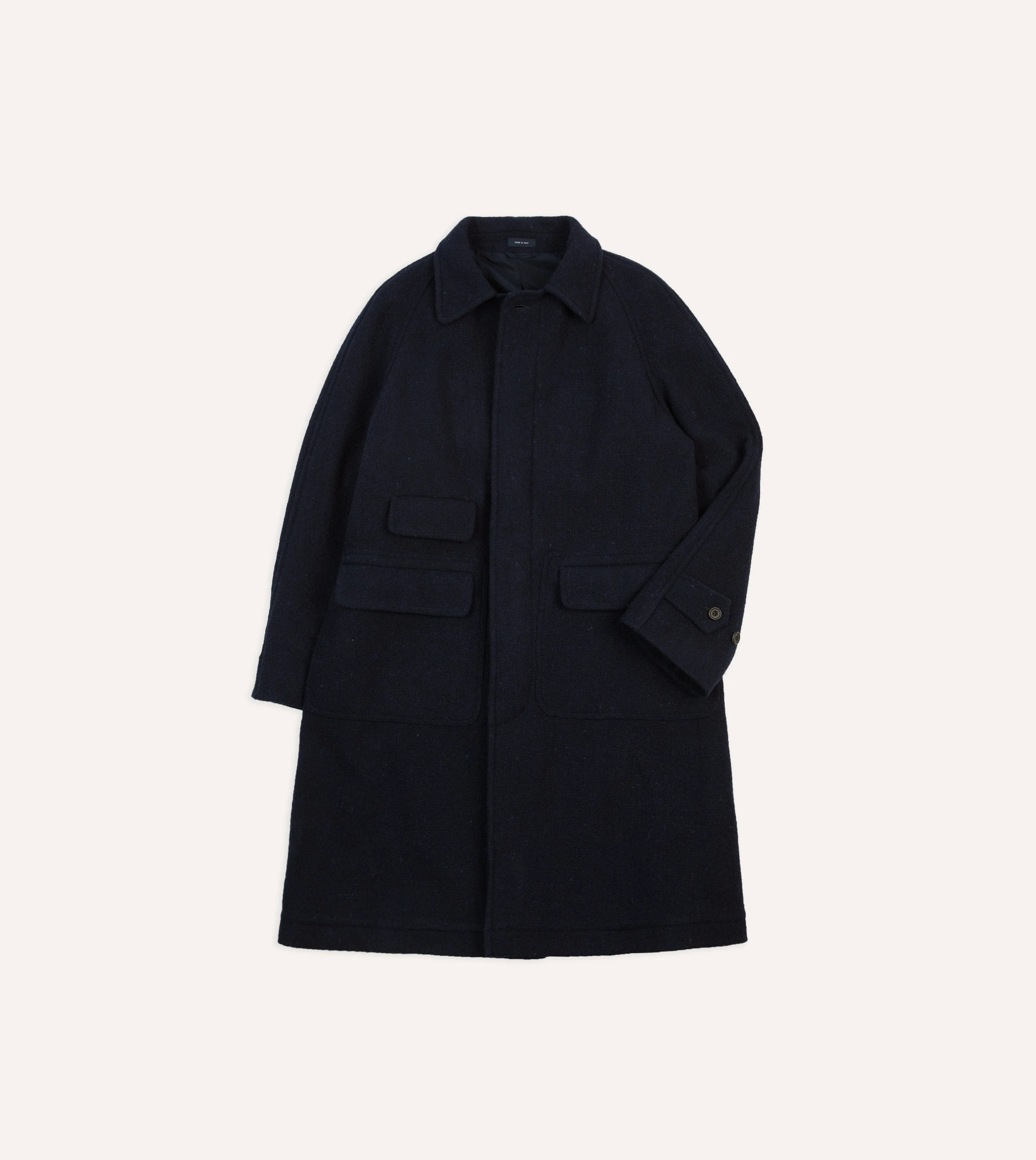 Navy Donegal Wool Raglan Coat sold by Drake's London