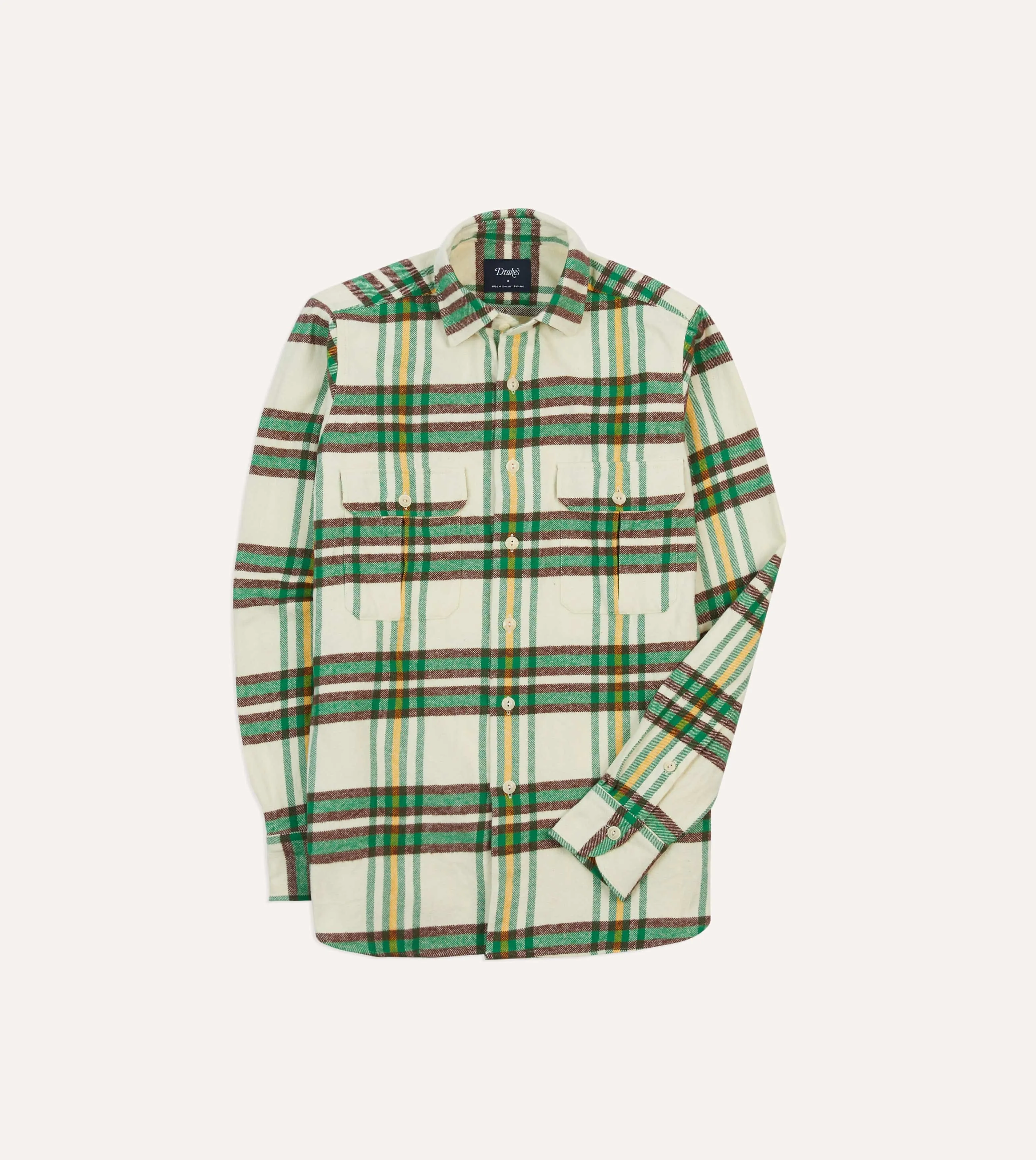 Ecru Check Brushed Cotton Two-Pocket Work Shirt sold by Drake's London