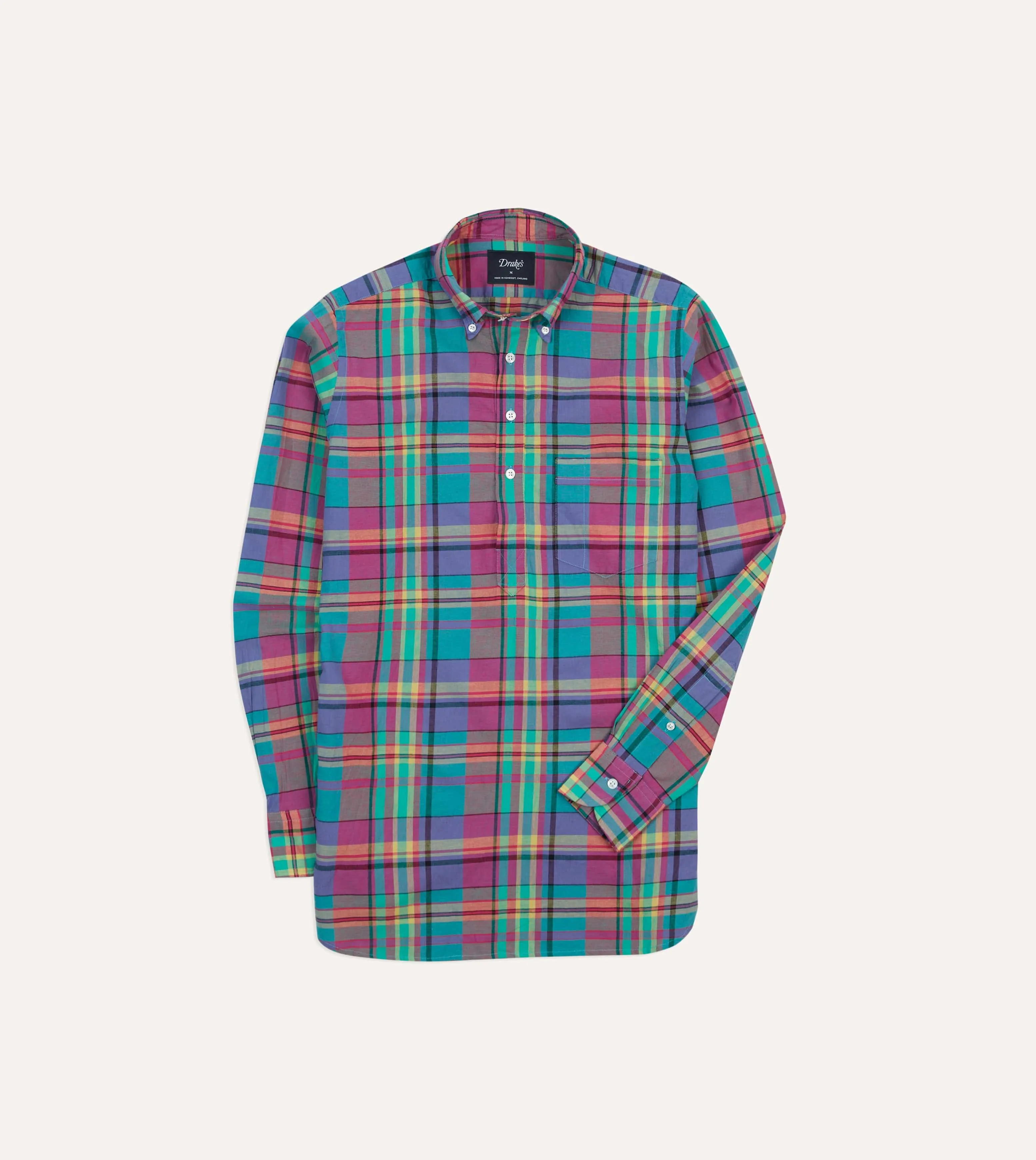 Pink and Blue Madras Check Cotton Button-Down Popover Shirt sold by Drake's London