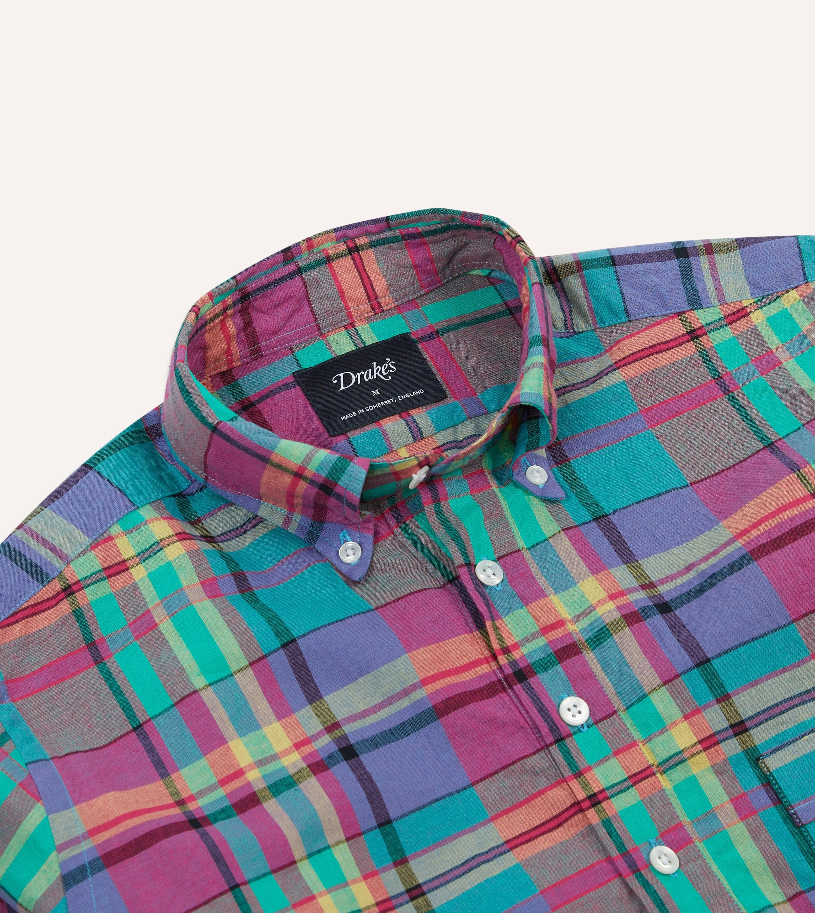 Pink and Blue Madras Check Cotton Button-Down Popover Shirt sold by Drake's London product image thumbnail 3