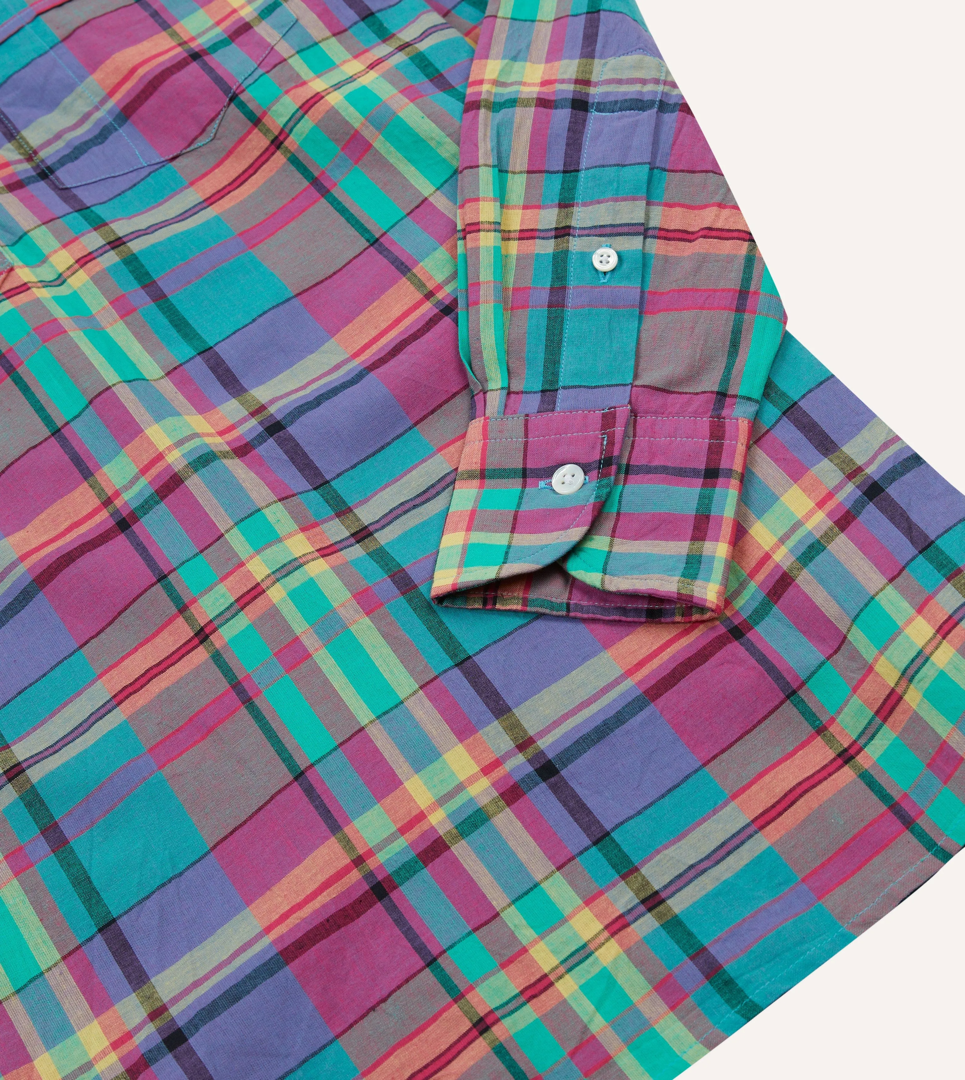 Pink and Blue Madras Check Cotton Button-Down Popover Shirt sold by Drake's London product image thumbnail 5