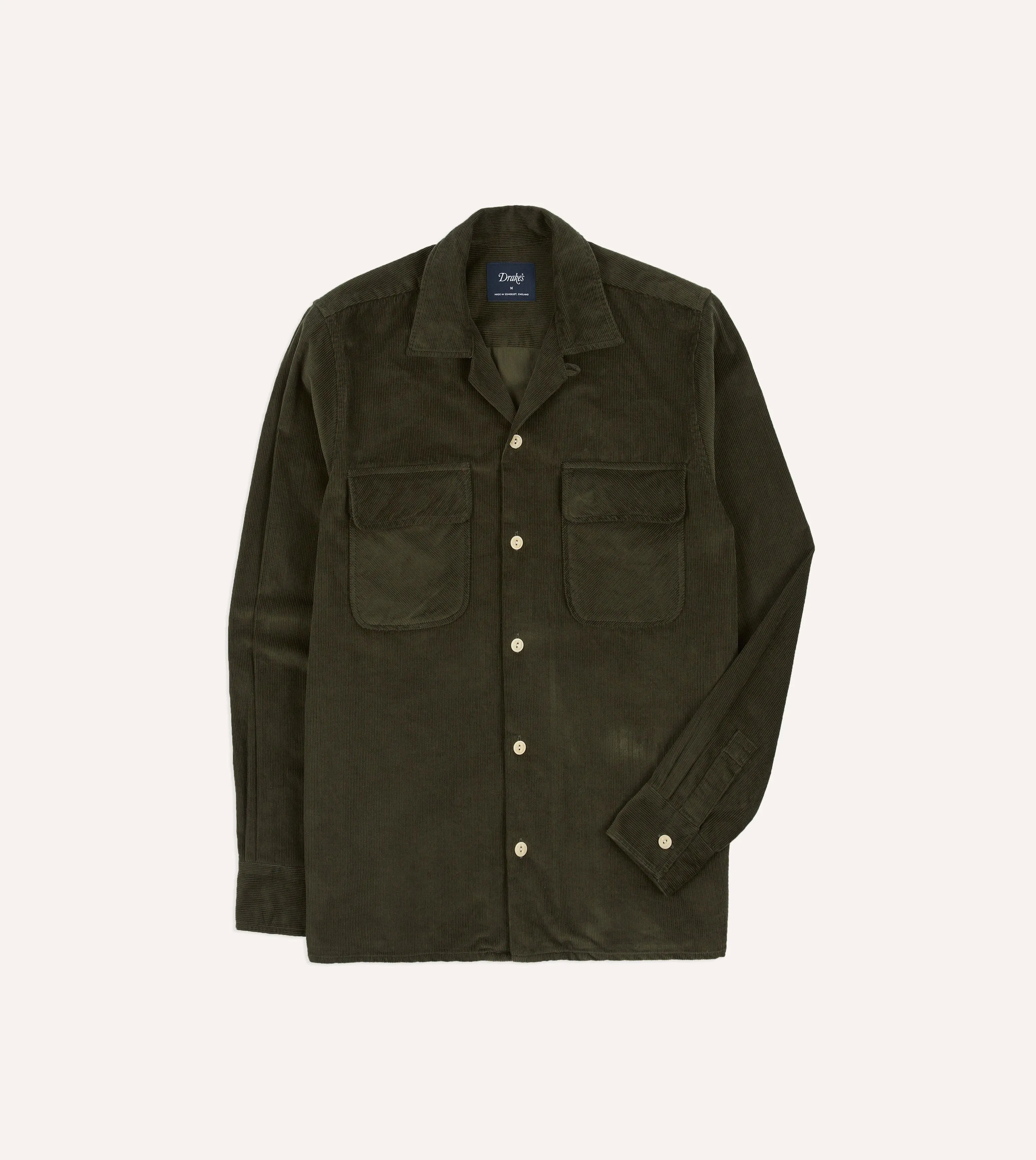 Khaki Corduroy Camp Collar Long Sleeve Shirt sold by Drake's London