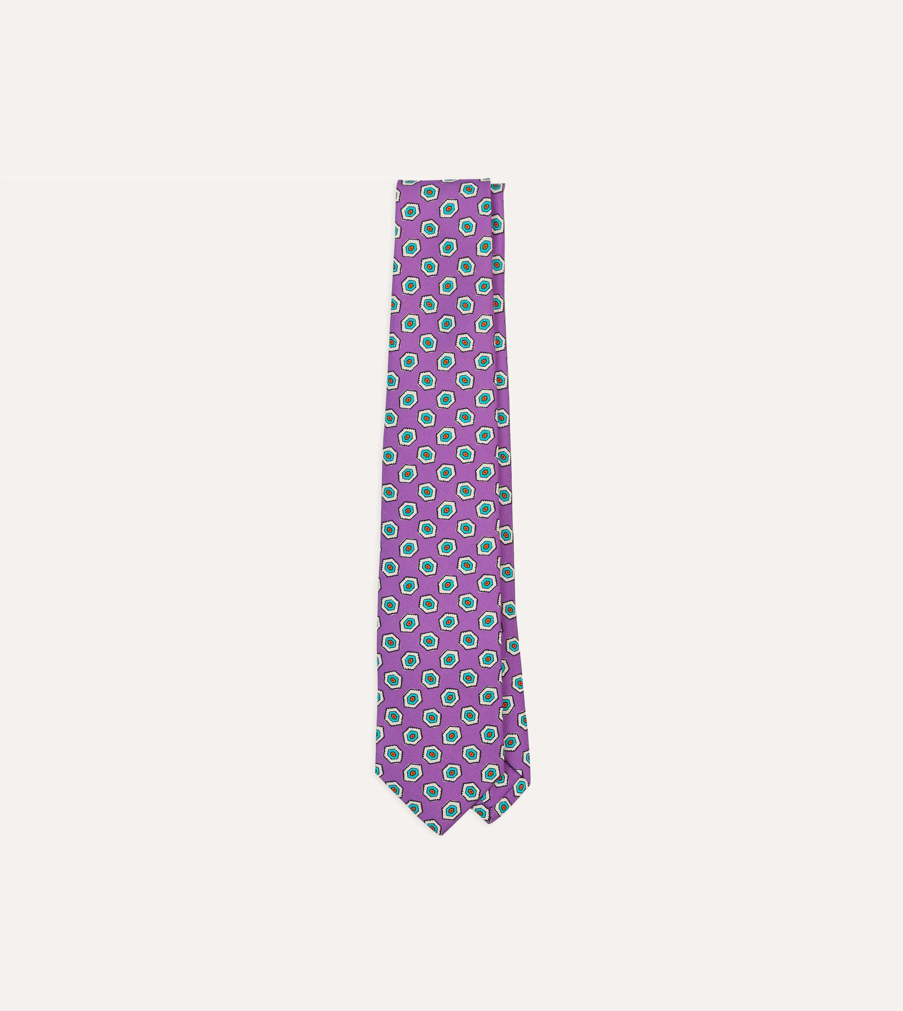 Lilac Hexagon Tile Print Silk Self-Tipped Tie sold by Drake's London
