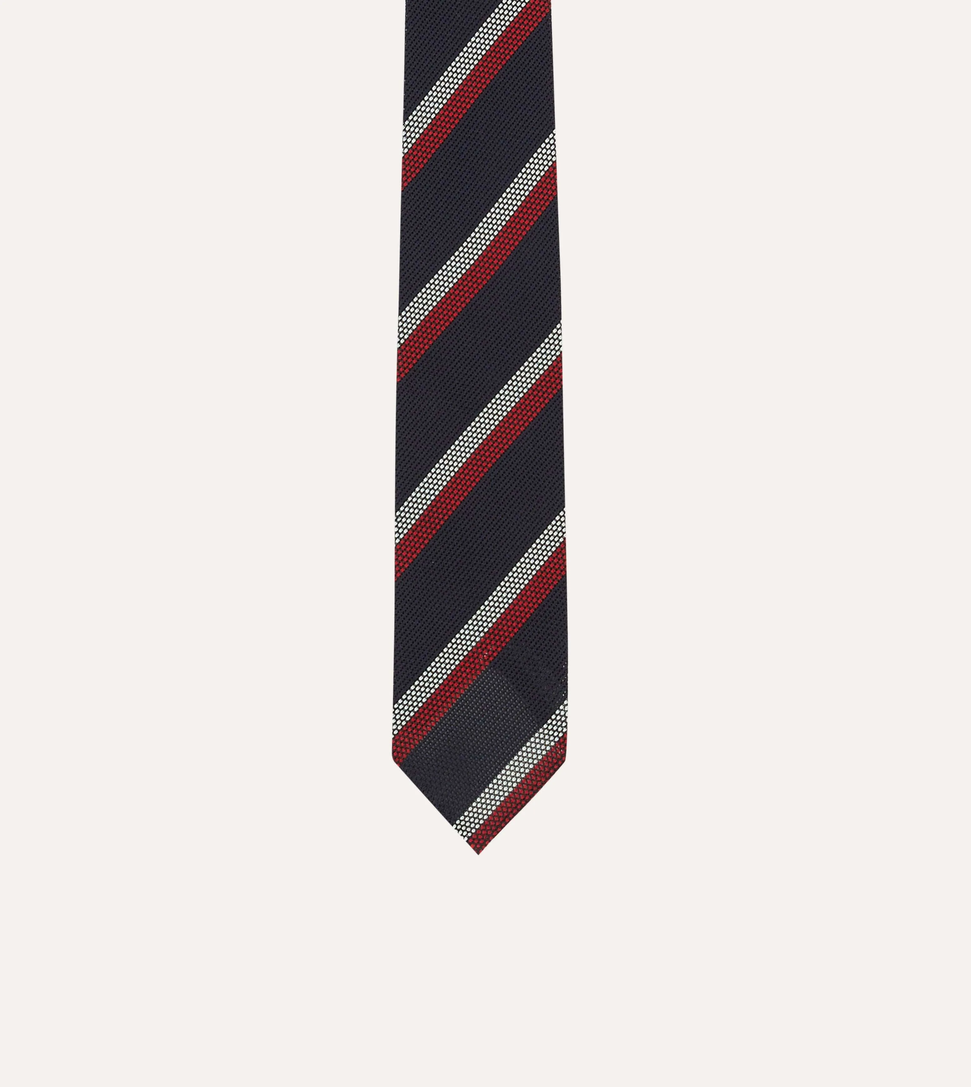 Navy, Red and White Double Stripe Hand Rolled Silk Grenadine Tie sold by Drake's London product image thumbnail 3
