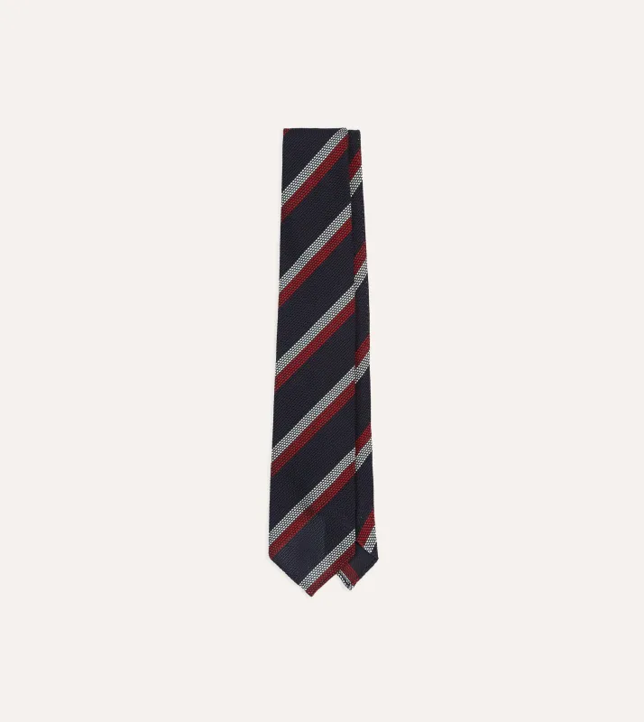 Navy, Red and White Double Stripe Hand Rolled Silk Grenadine Tie sold by Drake's London