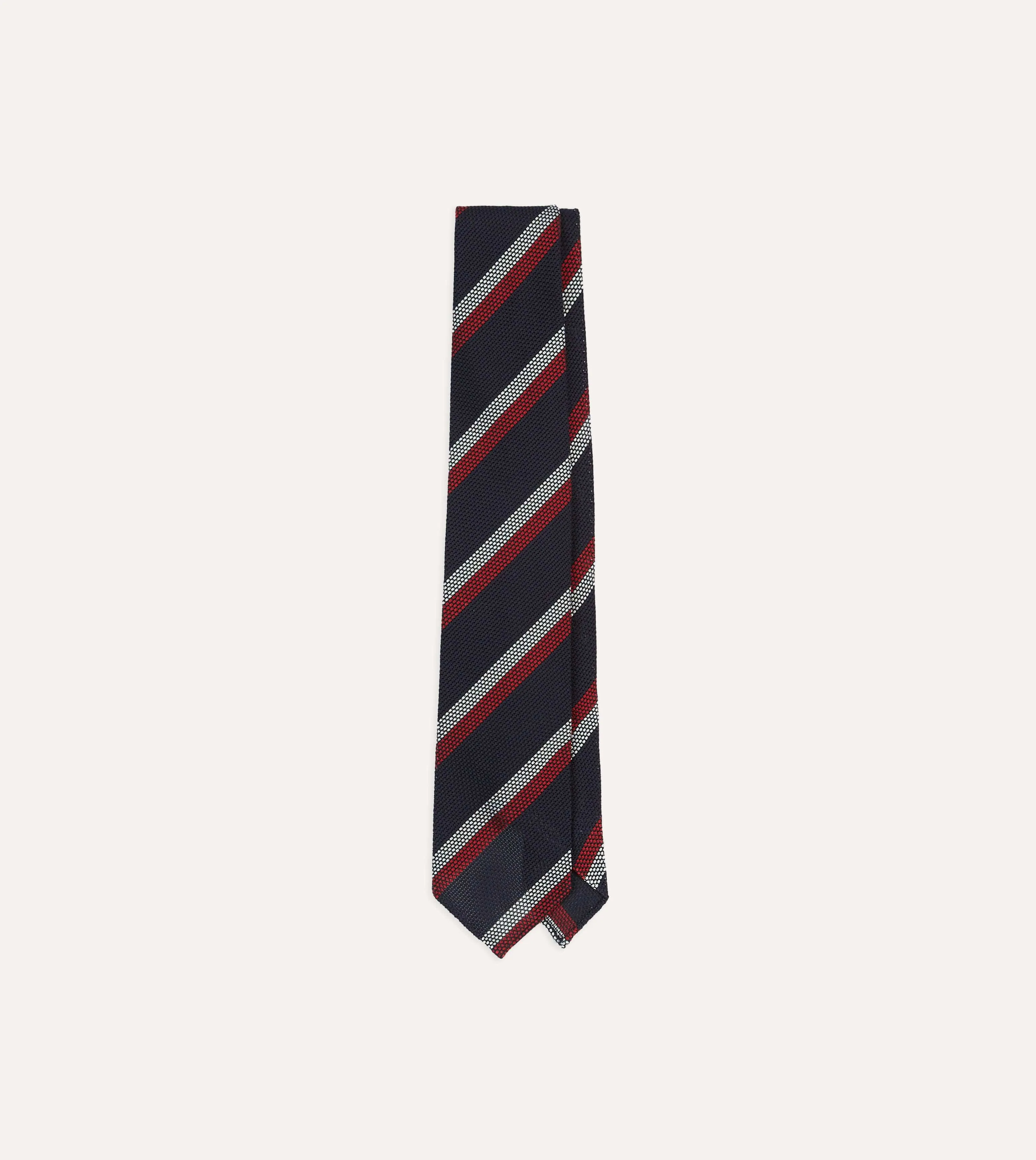 Navy, Red and White Double Stripe Hand Rolled Silk Grenadine Tie sold by Drake's London