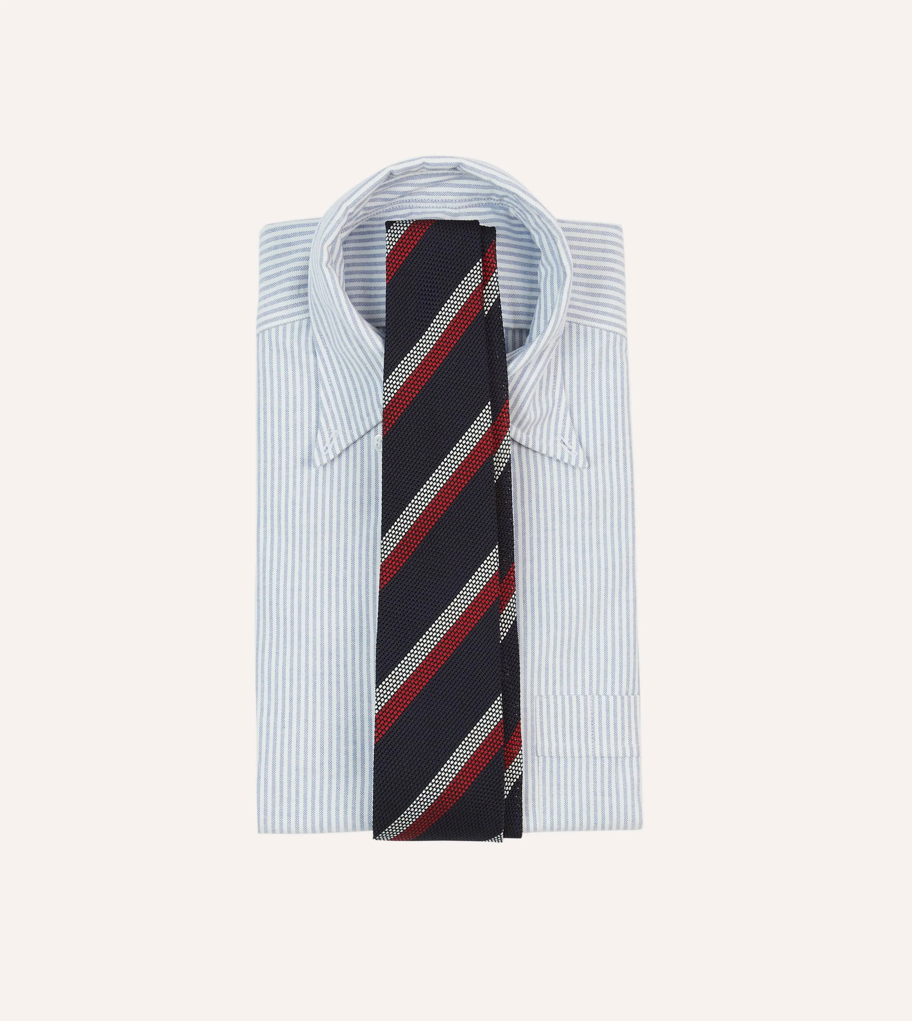 Navy, Red and White Double Stripe Hand Rolled Silk Grenadine Tie sold by Drake's London product image thumbnail 2