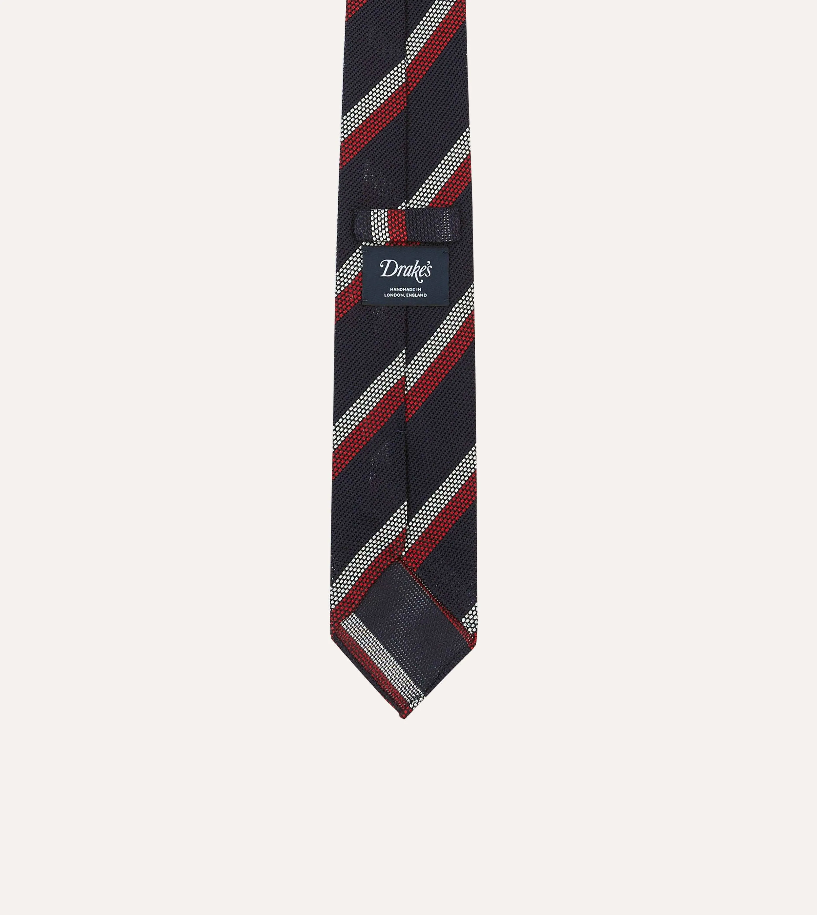 Navy, Red and White Double Stripe Hand Rolled Silk Grenadine Tie sold by Drake's London product image thumbnail 4