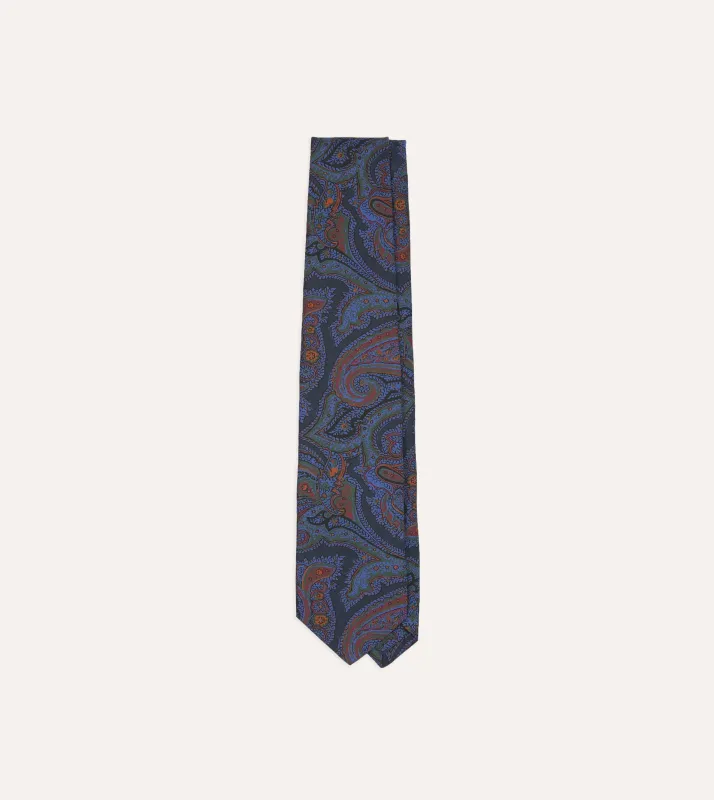 Navy Acanthus Print Silk Self Tipped Tie sold by Drake's London