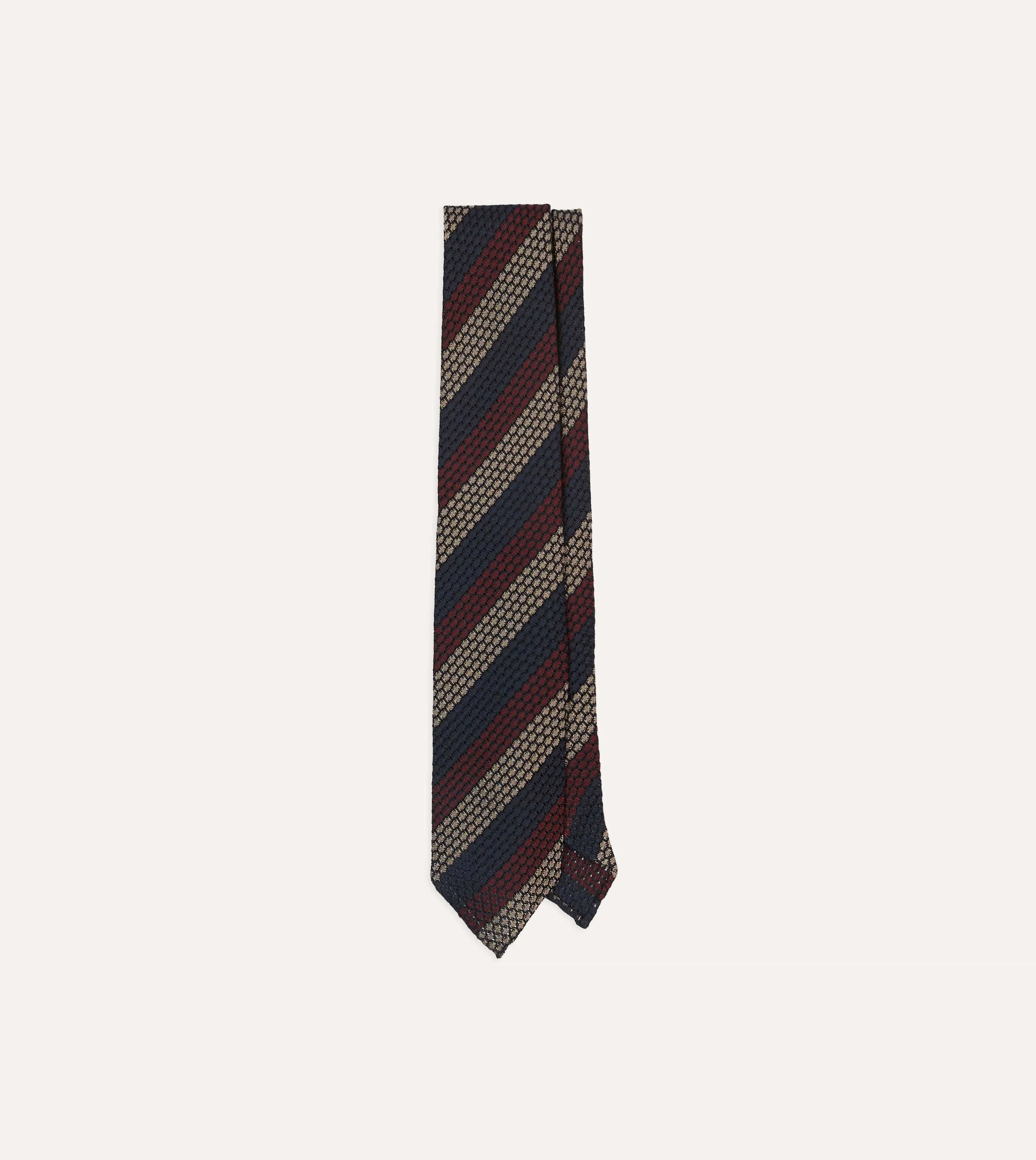 Navy, Red and Gold Block Stripe Hand Rolled Silk Grenadine Tie sold by Drake's London