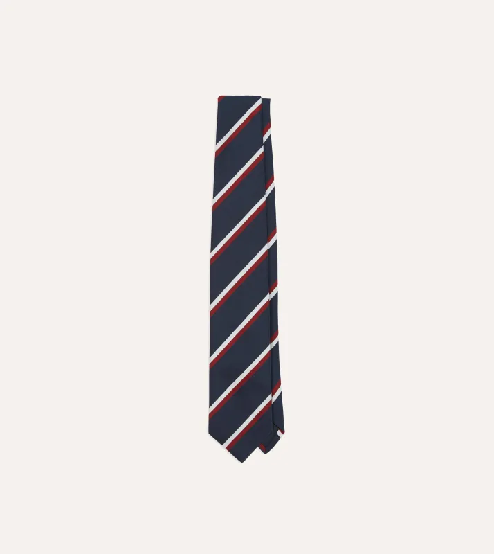 Navy, Red and White Double Stripe Mogador Silk Tipped Tie sold by Drake's London