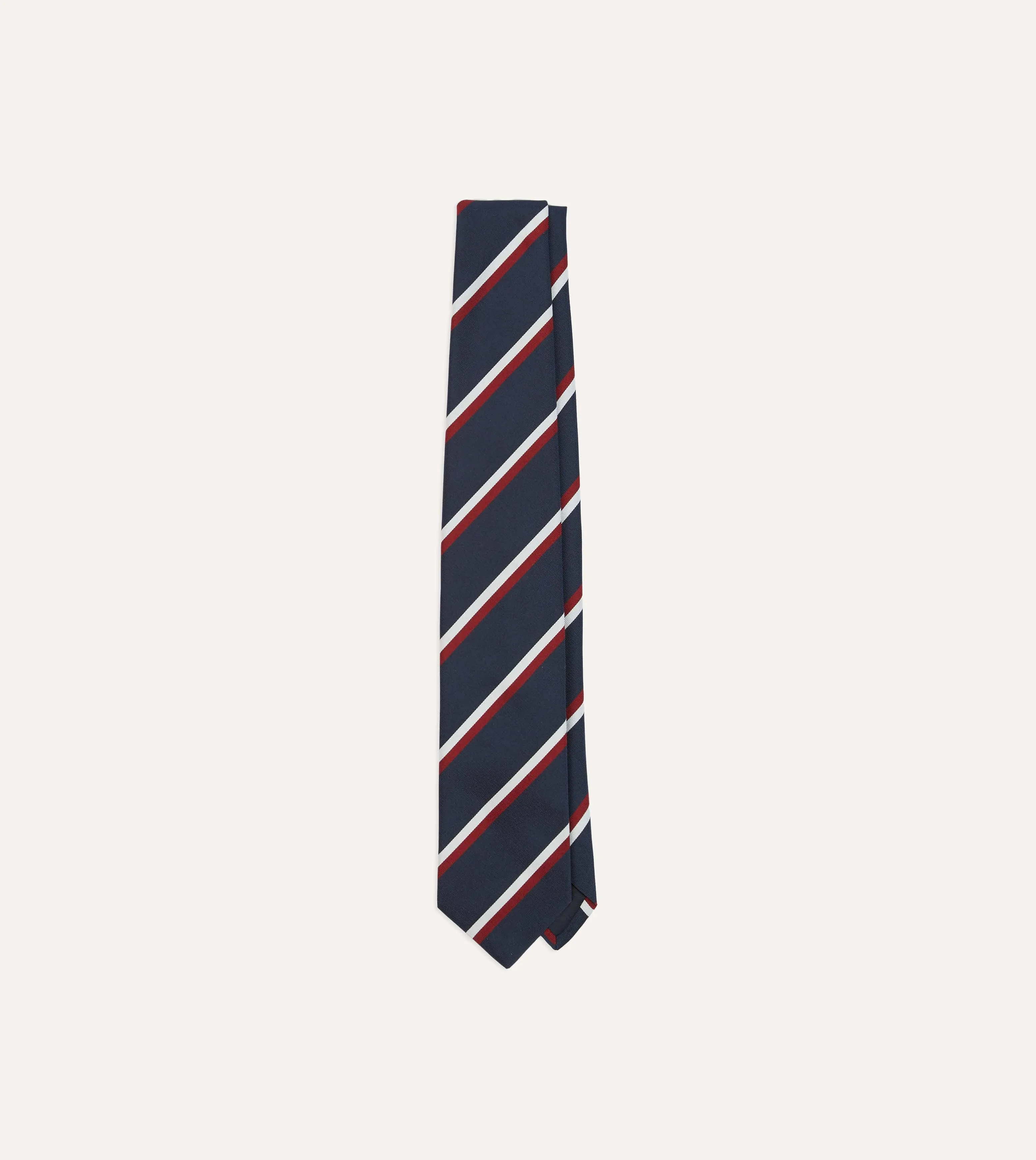 Navy, Red and White Double Stripe Mogador Silk Tipped Tie sold by Drake's London