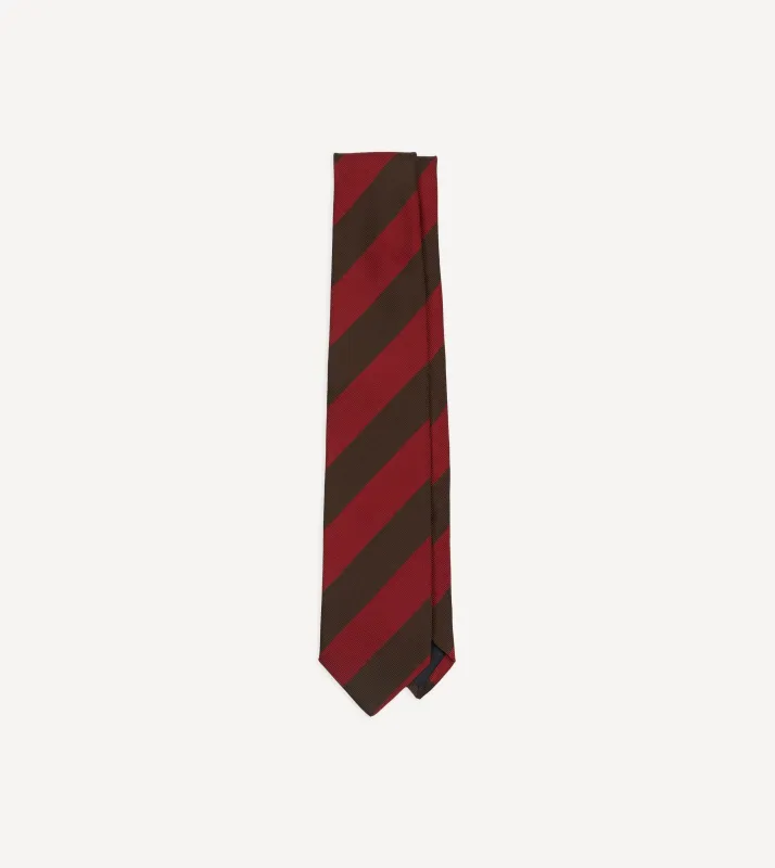 Red and Brown Block Stripe Mogador Silk Tipped Tie sold by Drake's London