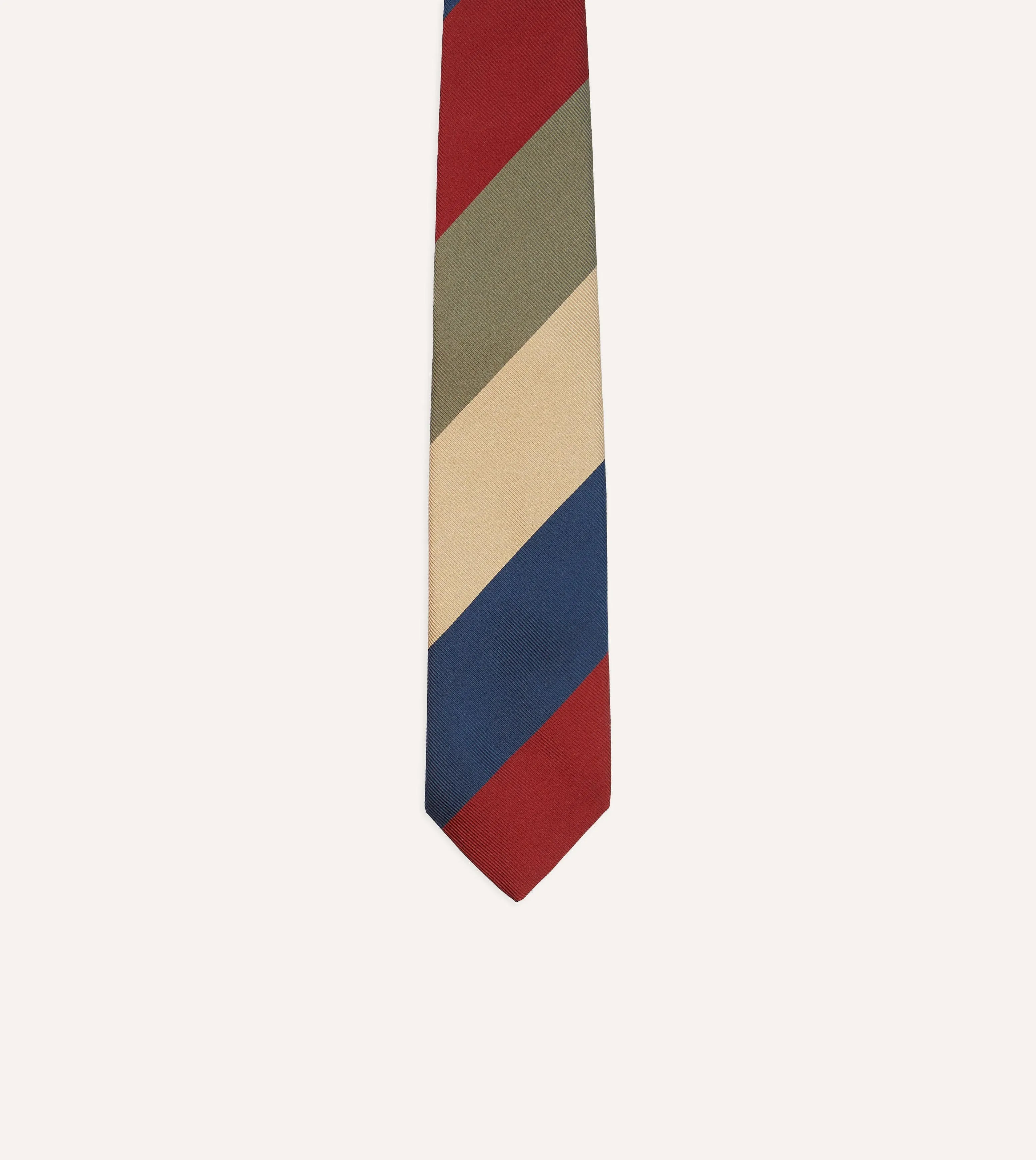Red, Green and Navy Wide Stripe Repp Silk Cotton Tipped Tie sold by Drake's London product image thumbnail 3